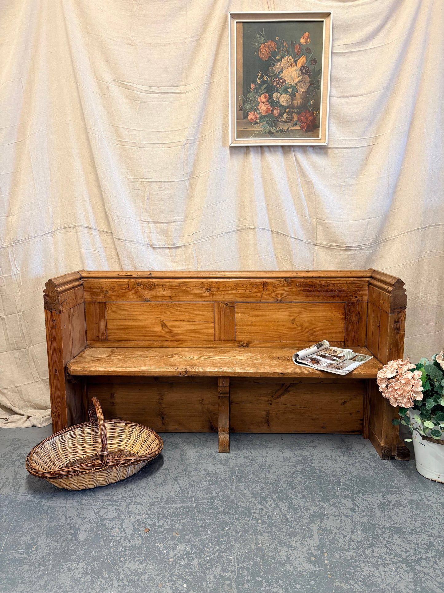 Antique Pitch Pine Bench Pew Panelled sides and Shelf to back