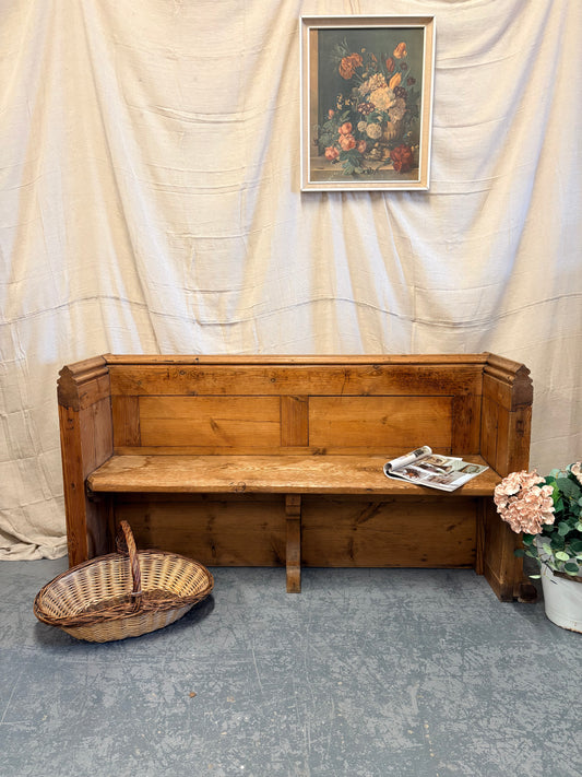 Antique Pitch Pine Bench Pew Panelled sides and Shelf to back