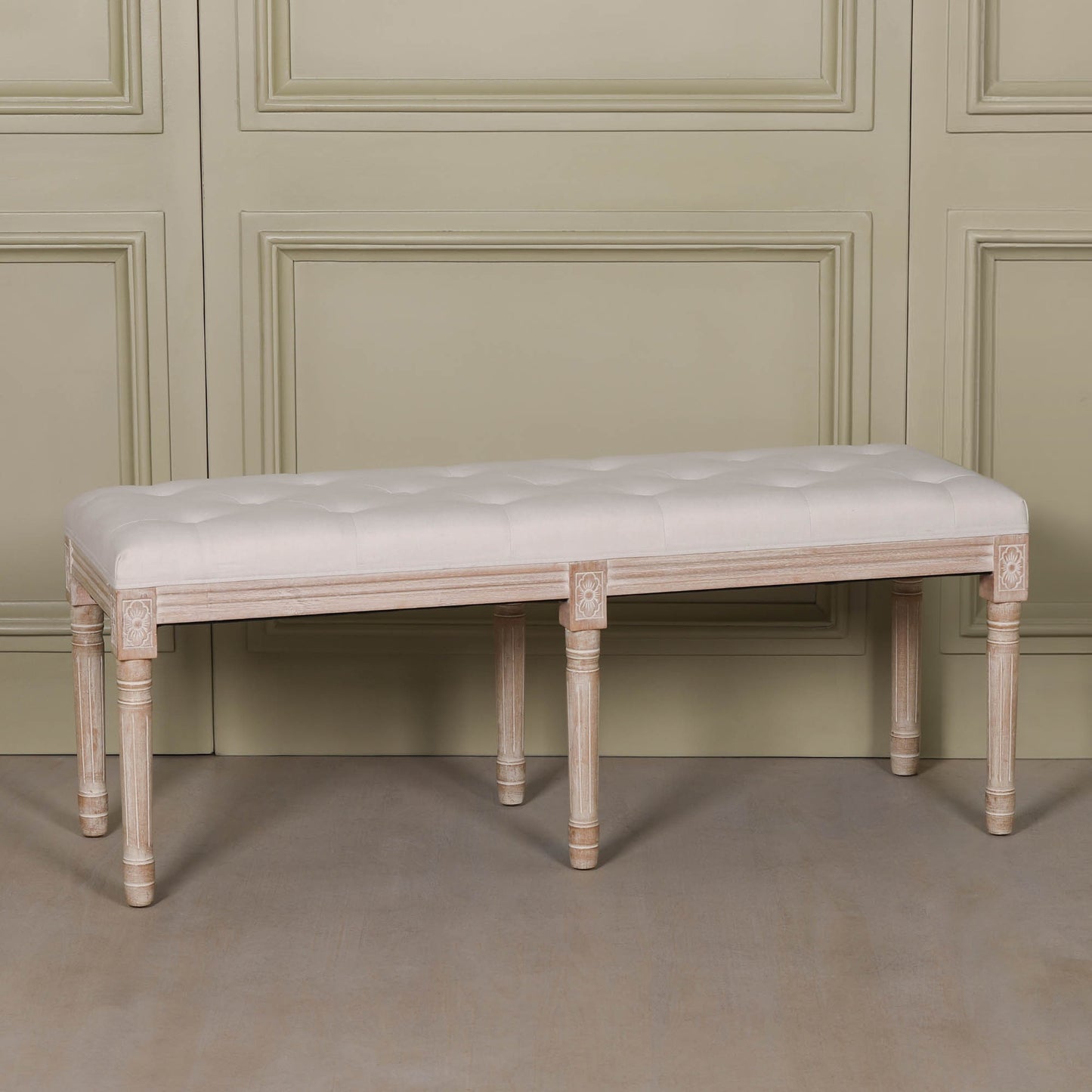 Light Birch Wood and Cream Linen Upholstered Bench - Living Bedroom Dressing Room