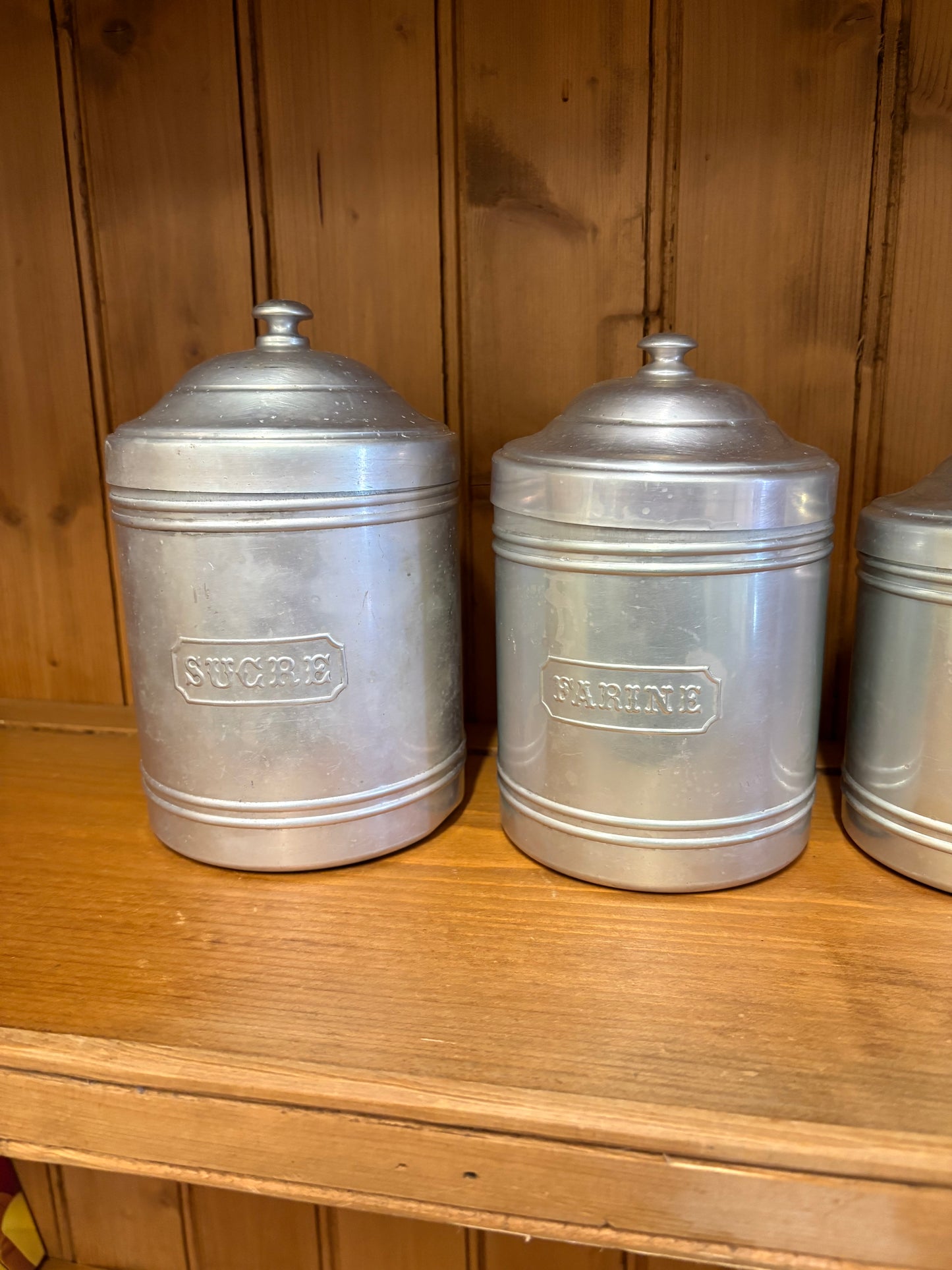 Set of six Vintage French metal Kitchen storage food canisters
