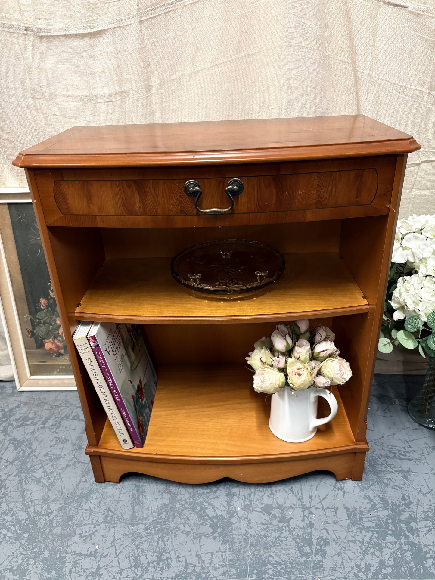 Small Bow Fronted Yew wood Vintage Side Cabinet Shelf Storage Unit