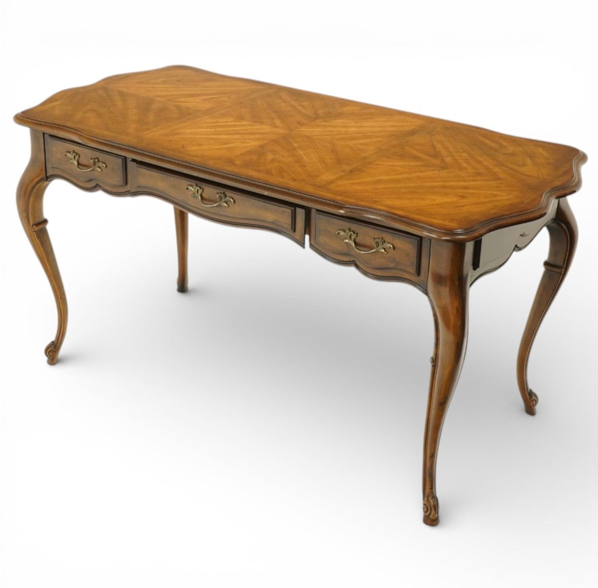 Vintage French walnut console table parquetry top & three drawers brass handles