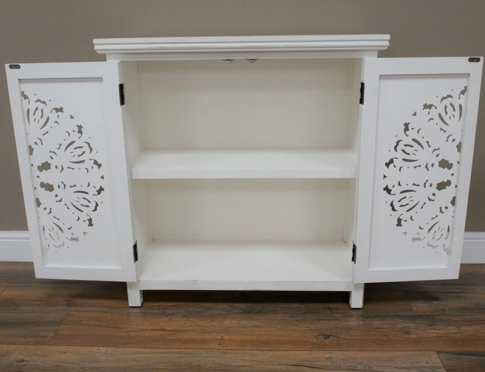 Eclectic Bohemian Style White Wooden Carved Cabinet Cupboard UK Delivery