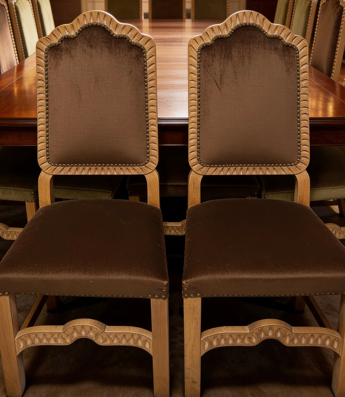 Set of Eight Light brown 20th century upholstered dining chairs
