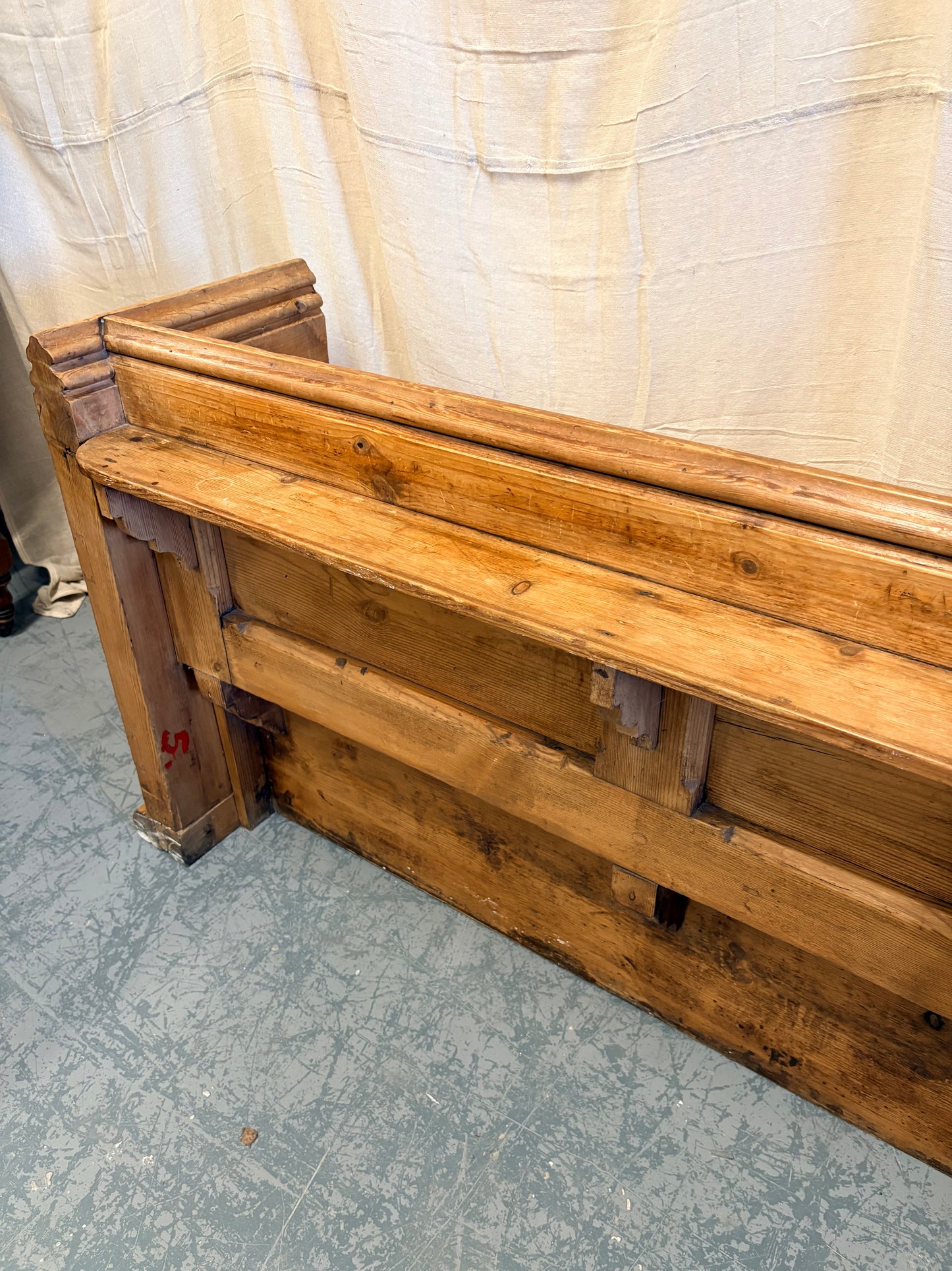 Antique Pitch Pine Bench Pew Panelled sides and Shelf to back