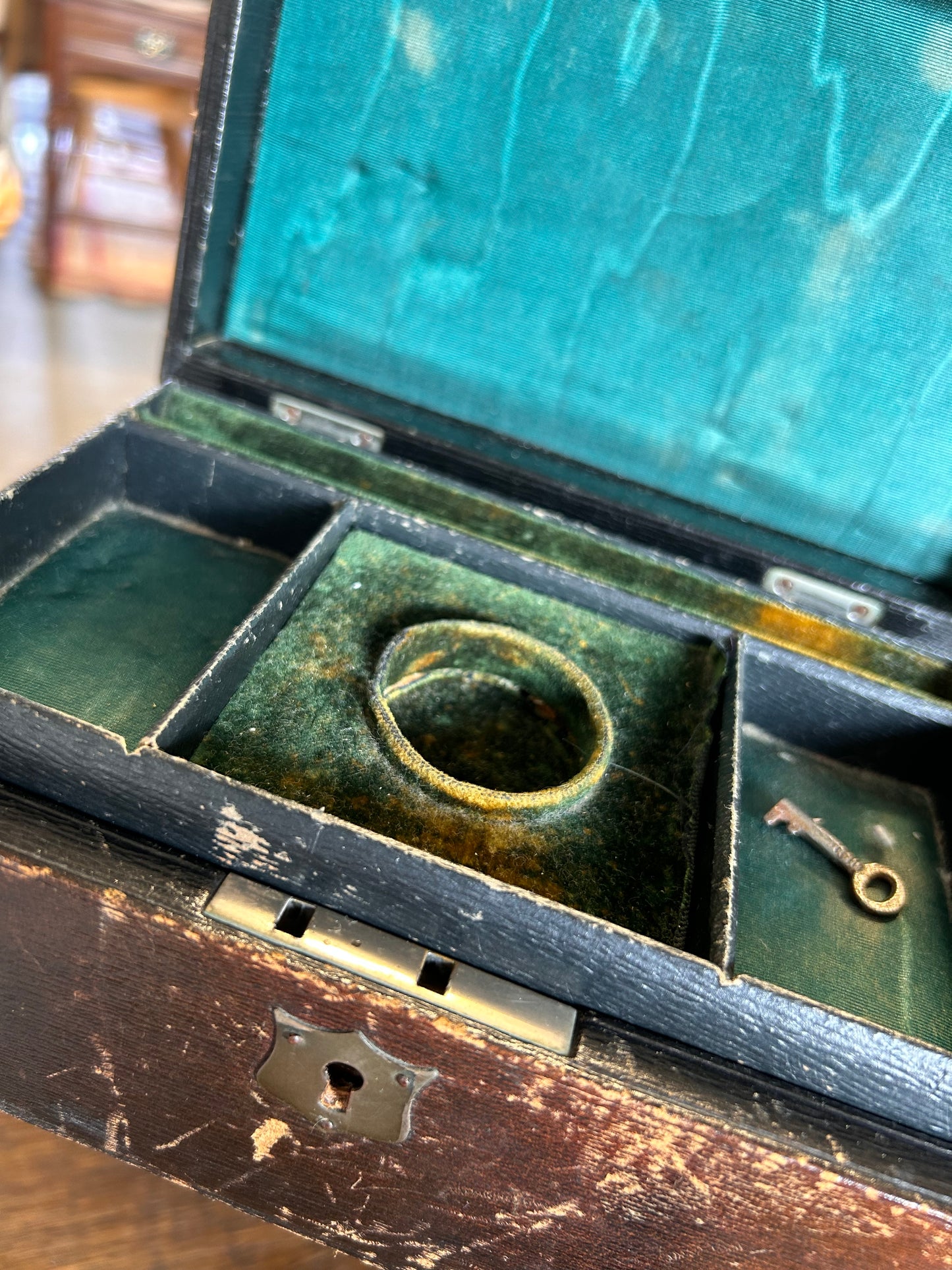 Beautifully faded and worn Victorian jewelry box lined in silk