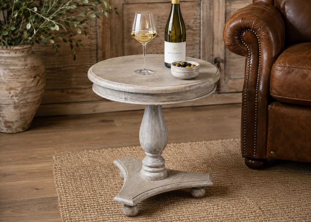 Vintage Style Light Mahogany Wood Round Side Table Bun Feet