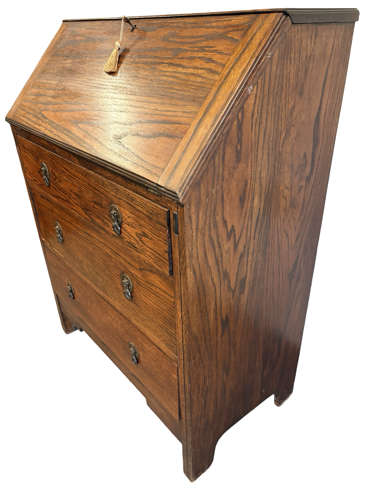 Early 20th Century Vintage Fold down Oak bureau writing desk drawers & key