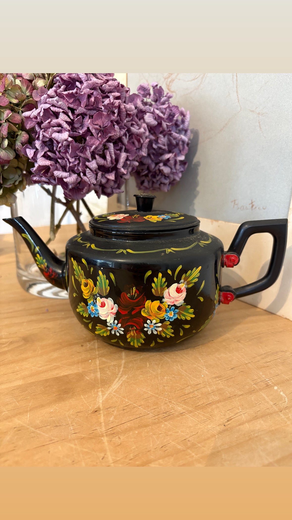 Vintage hand painted metal teapot folky colourful bargeware look