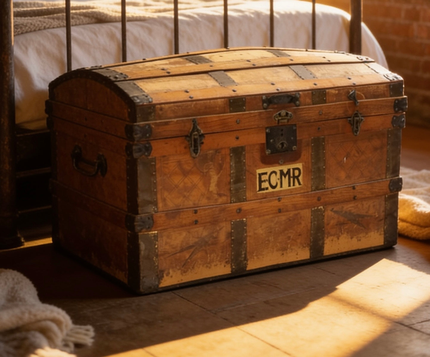 Antique 19th century pine and metal bound travelling trunk - Unique Storage ￼