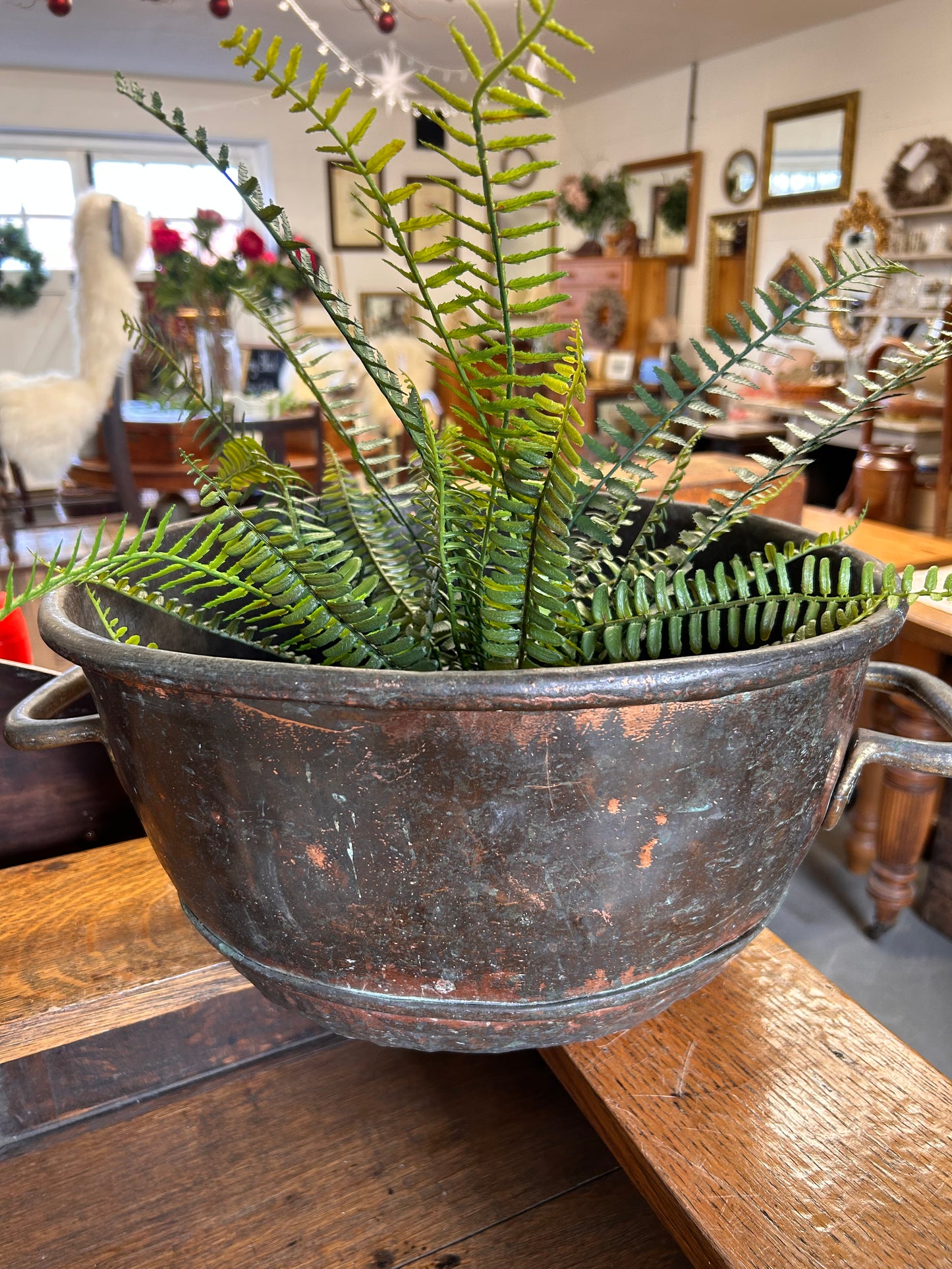 Heavy Antique round thick copper bowl with handles