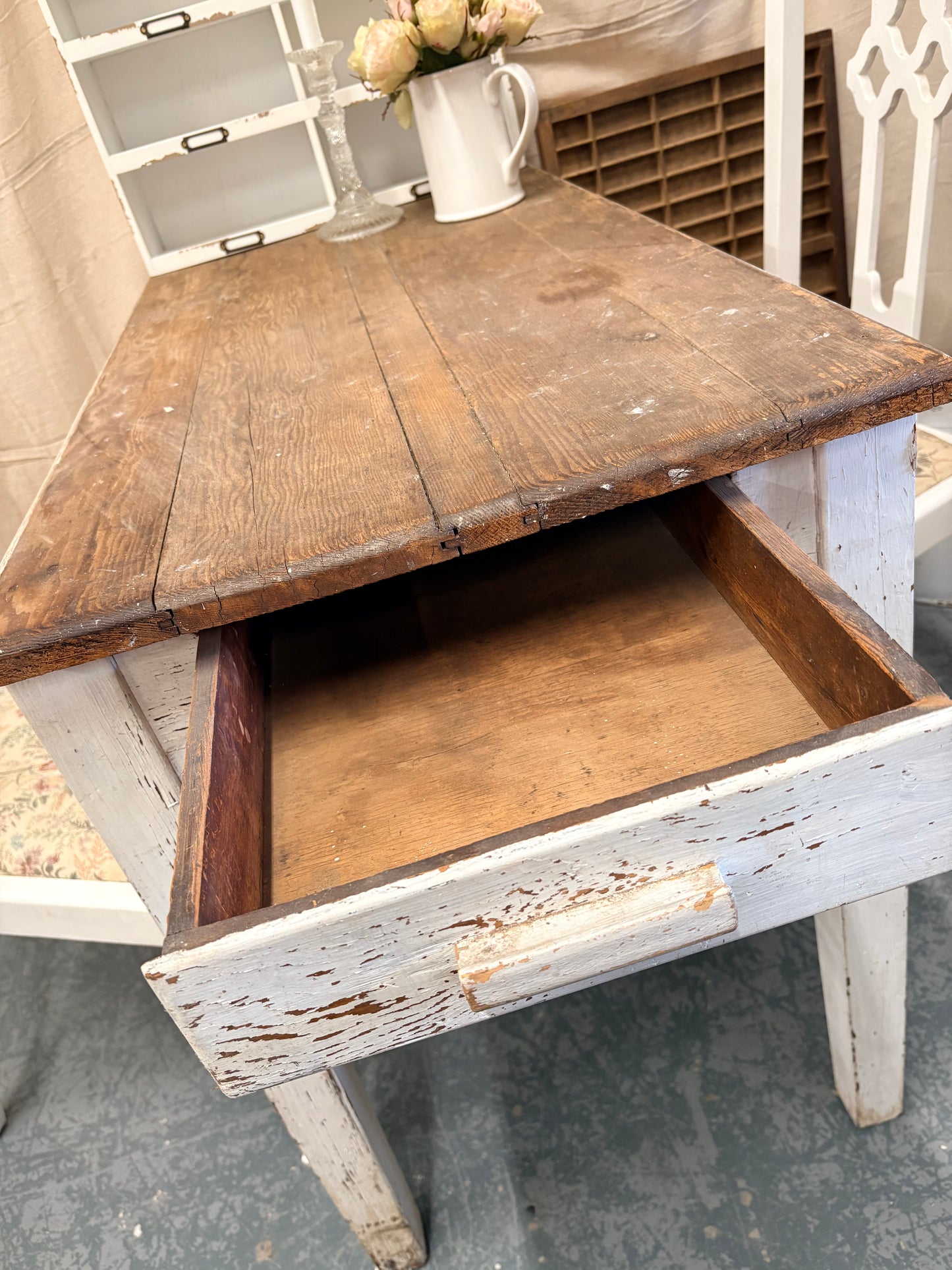 Victorian Pine Kitchen Table Single Drawer Solid Sturdy Shabby Painted