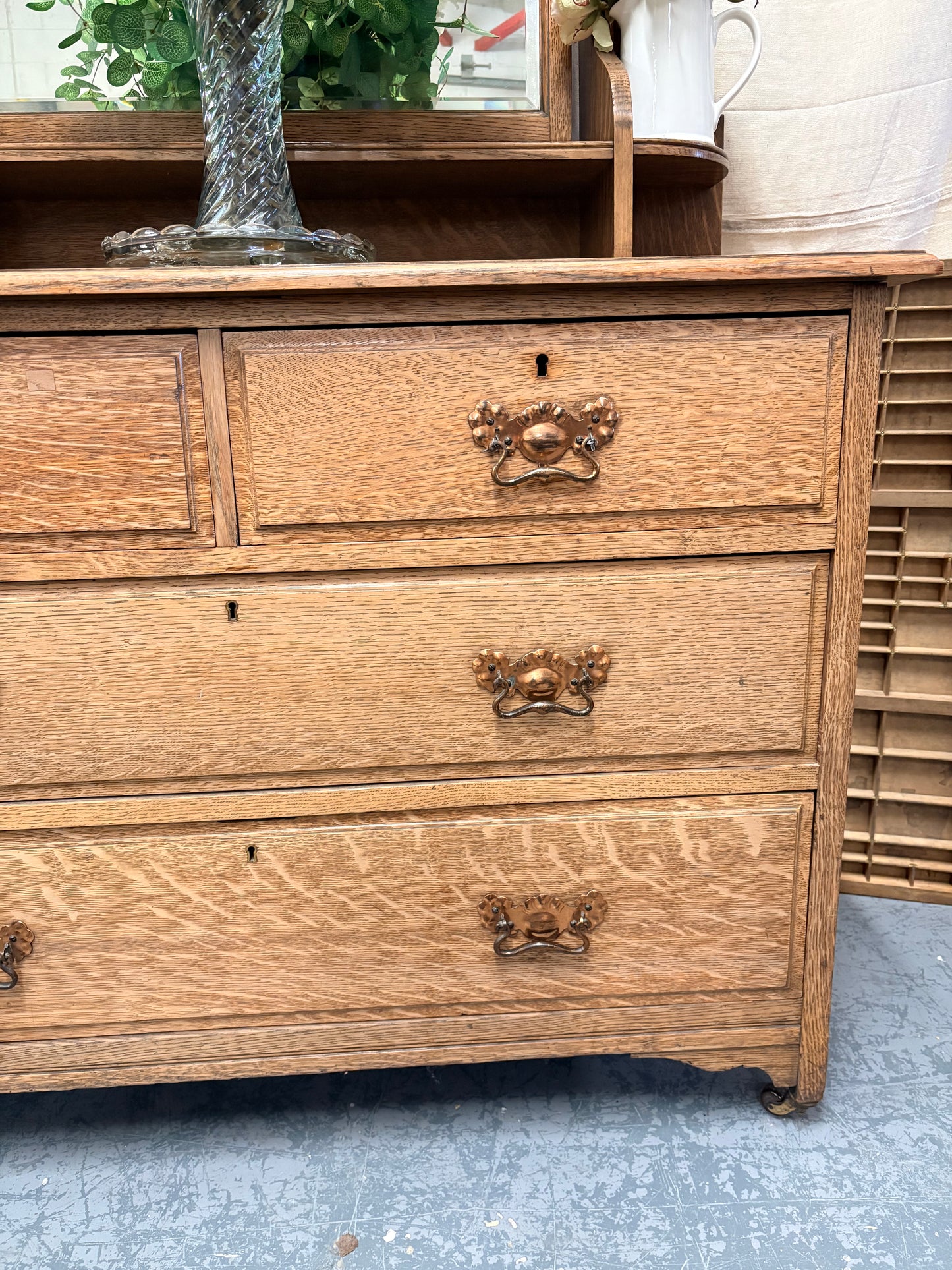 Antique Edwardian Oak Dressing Chest of Drawers with Mirror