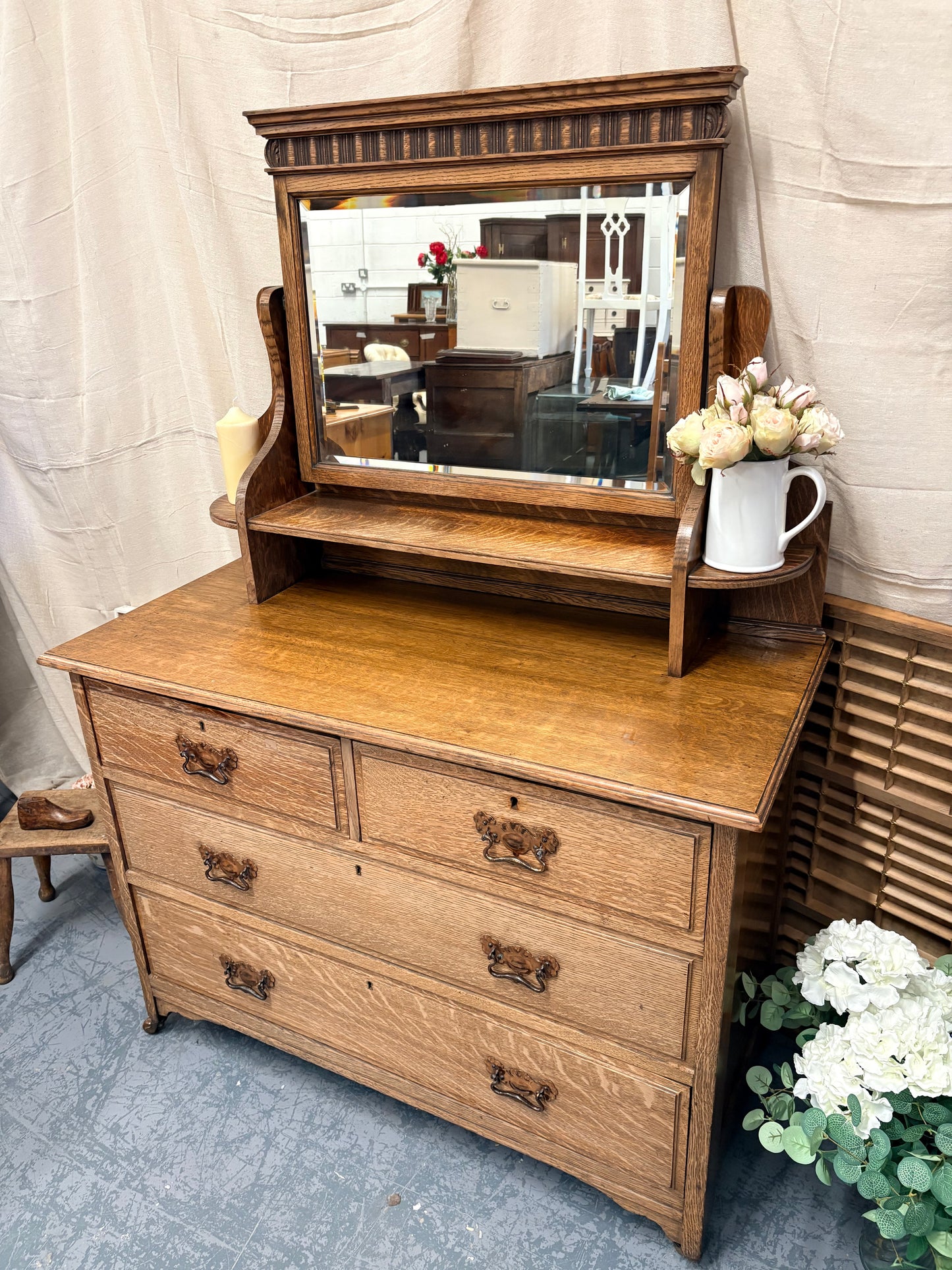 Antique Edwardian Oak Dressing Chest of Drawers with Mirror