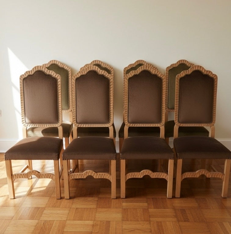 Set of eight Vintage dining chairs with chocolate brown Velvet upholstery