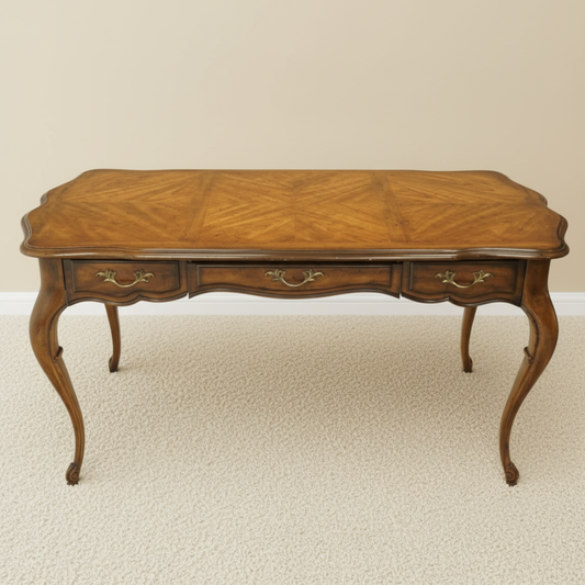 Vintage French walnut console table parquetry top & three drawers brass handles