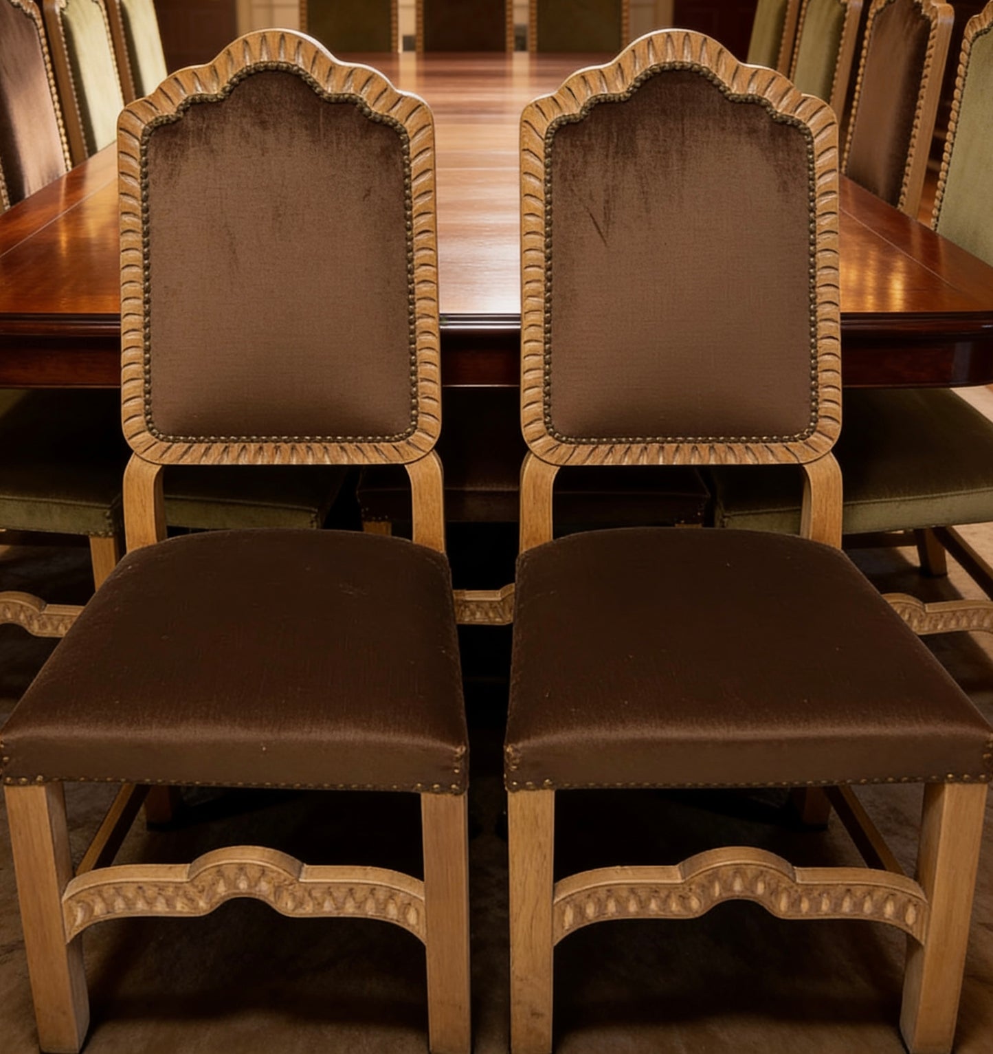 Set of Eight Light brown 20th century upholstered dining chairs