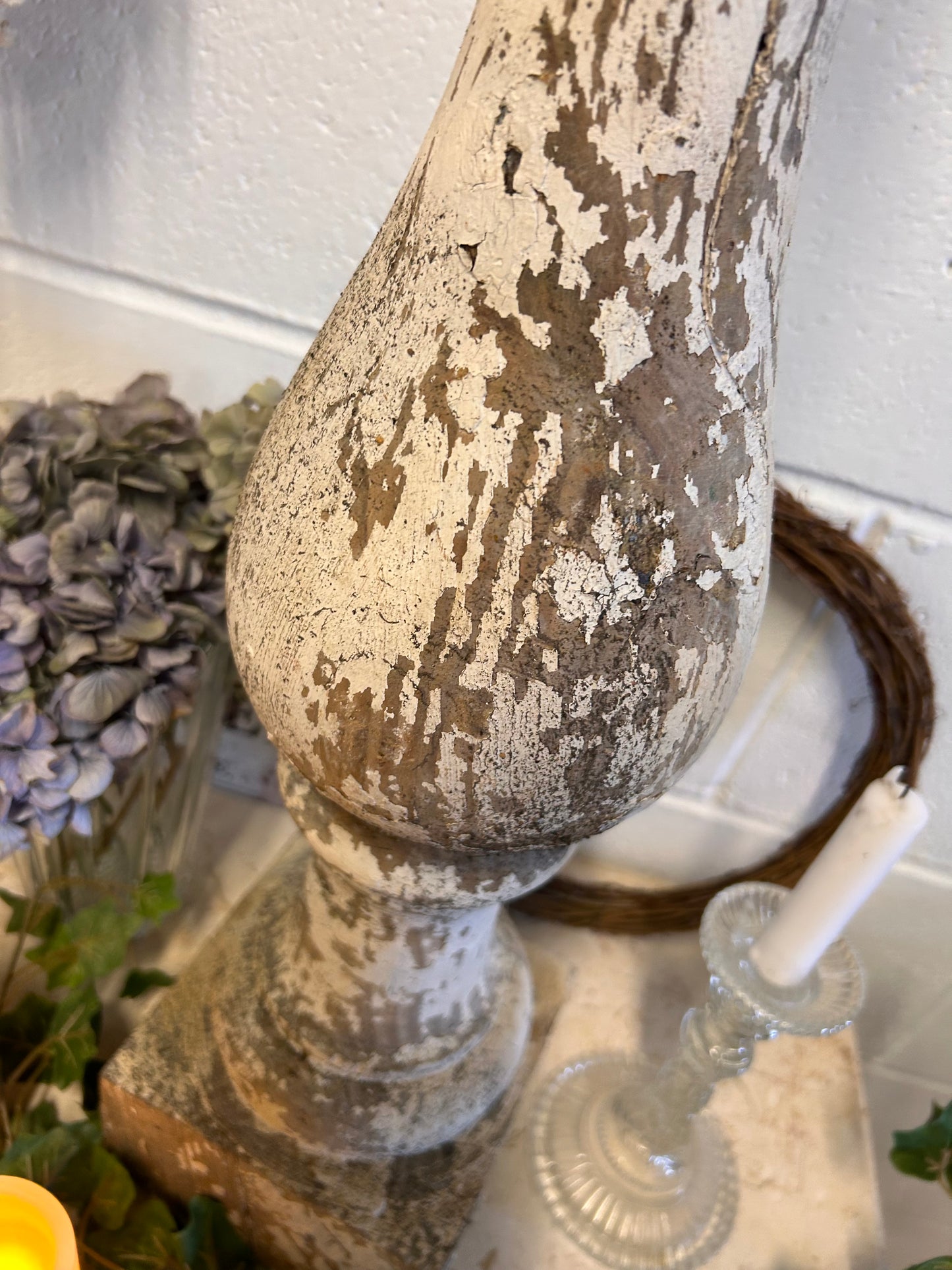 White Shabby French 19thC Salvaged balistrail original paint repurposed candle stand