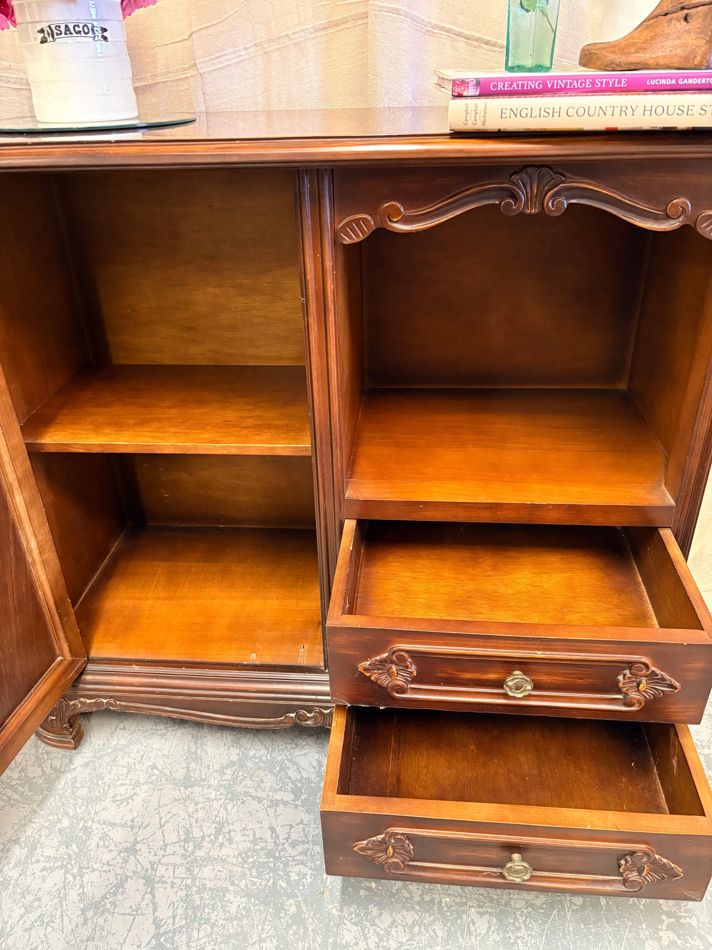 Vintage Carved Mahogany French Style Cabinet Storage Sideboard