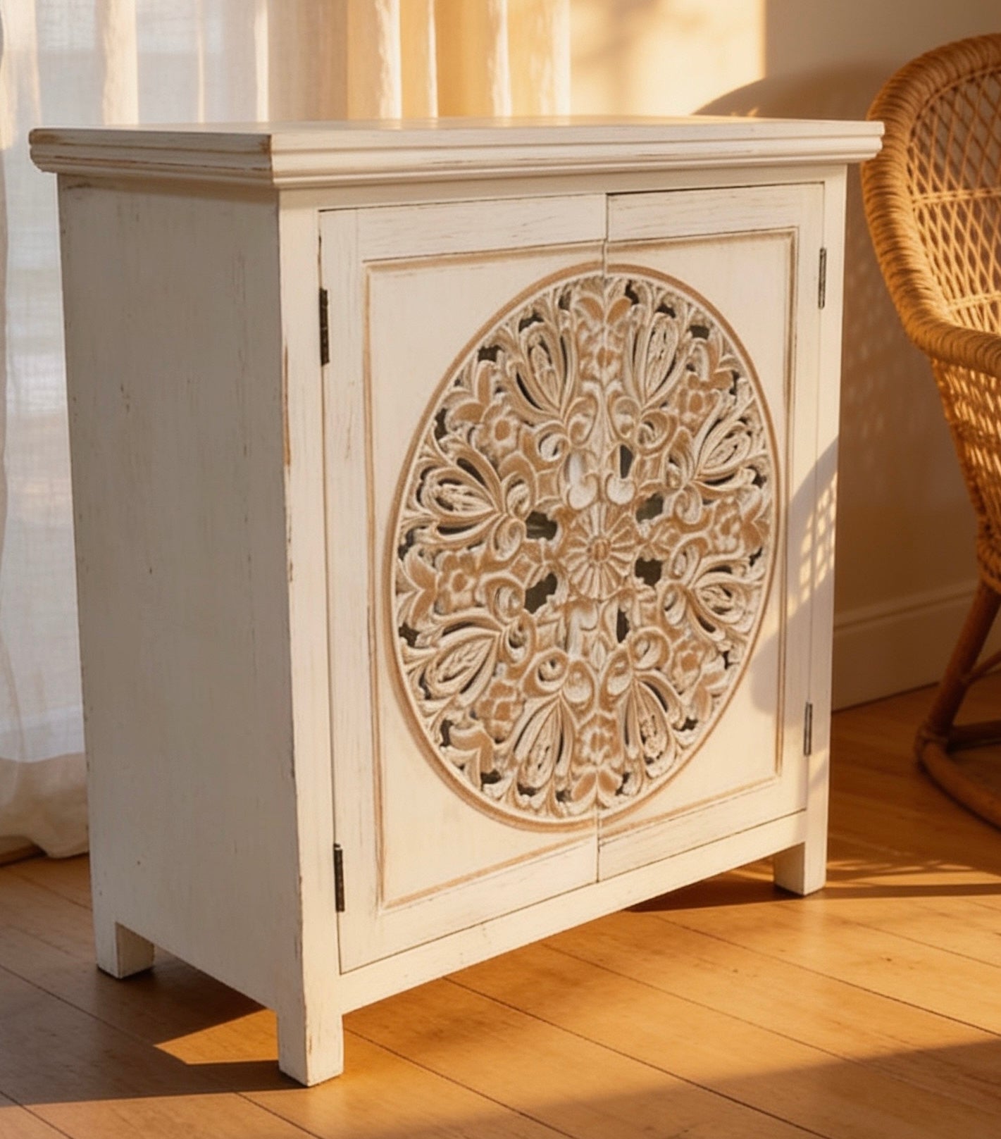 Eclectic Bohemian Style White Wooden Carved Cabinet Cupboard UK Delivery