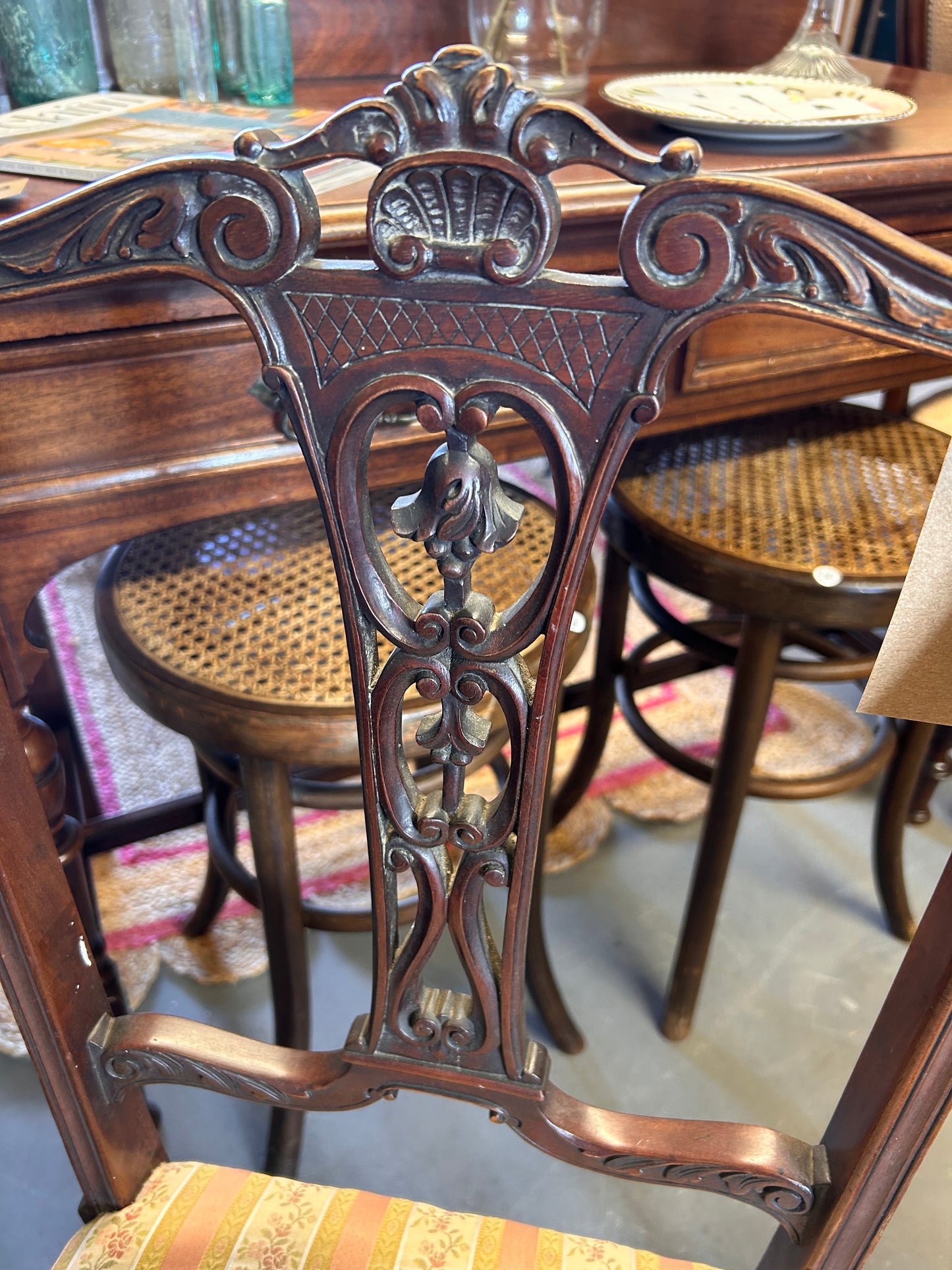 A pair of pretty pink fabric carved wood  Edwardian chairs