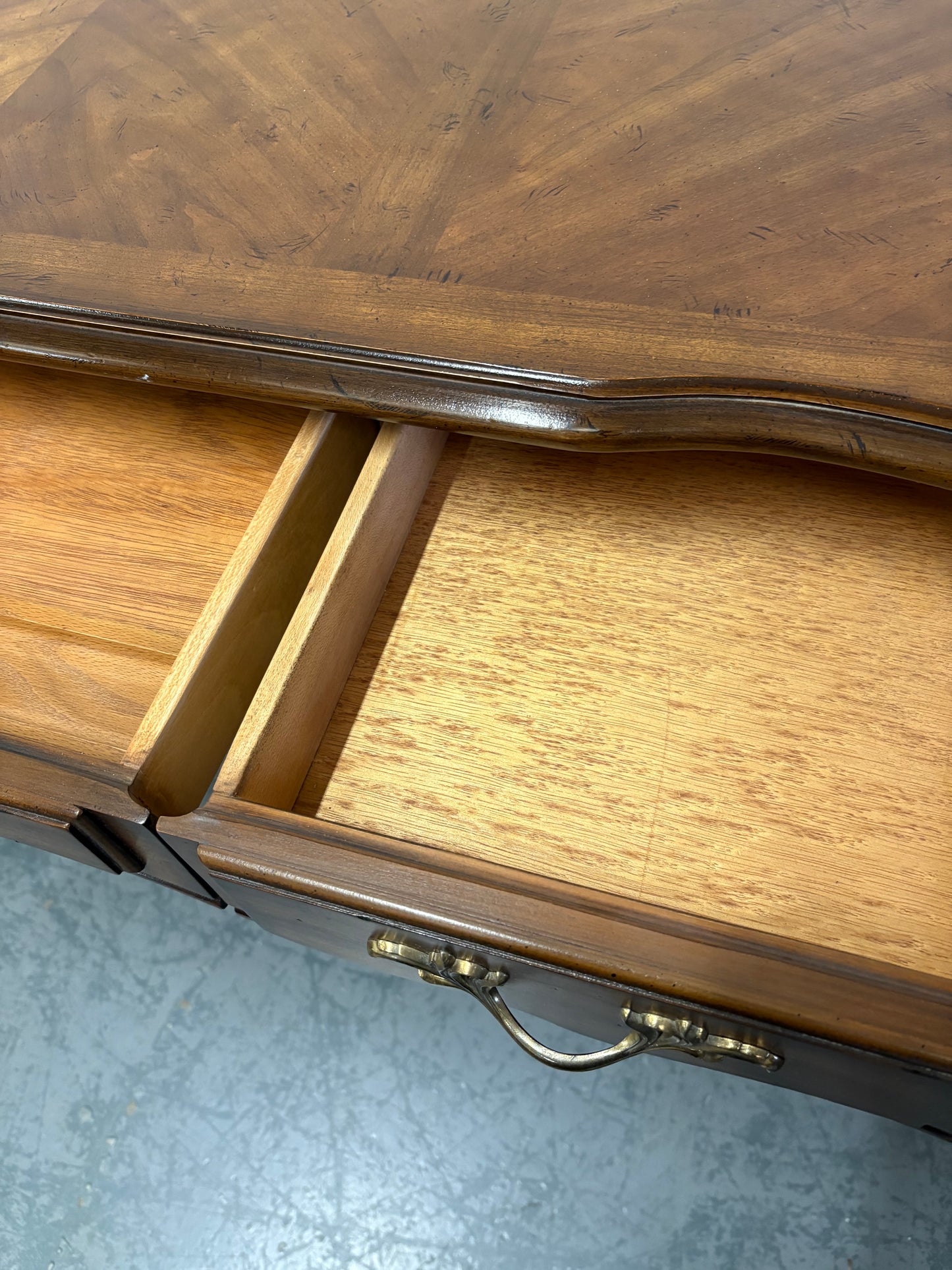 Vintage French walnut console table parquetry top & three drawers brass handles