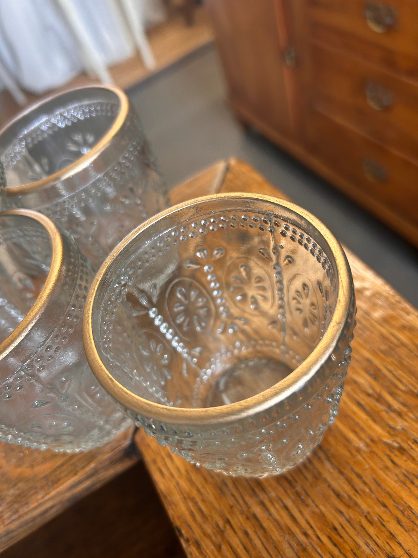 A Pressed Glass & gold rim tealight holder