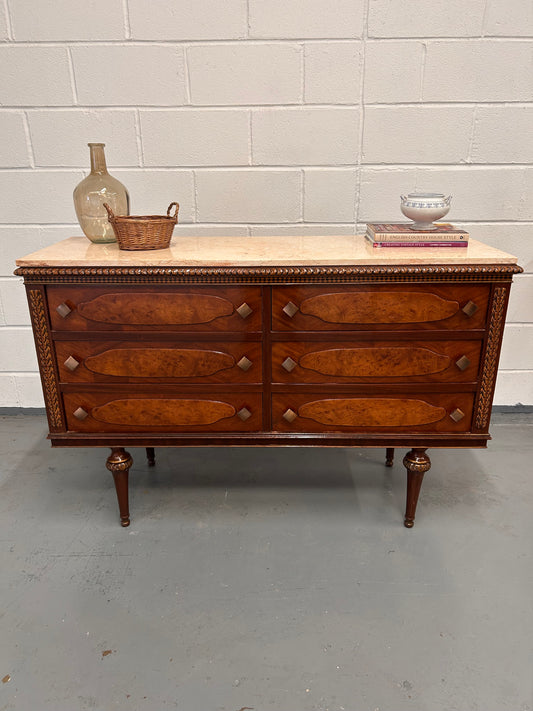 Vintage French marble topped sideboard with six drawers