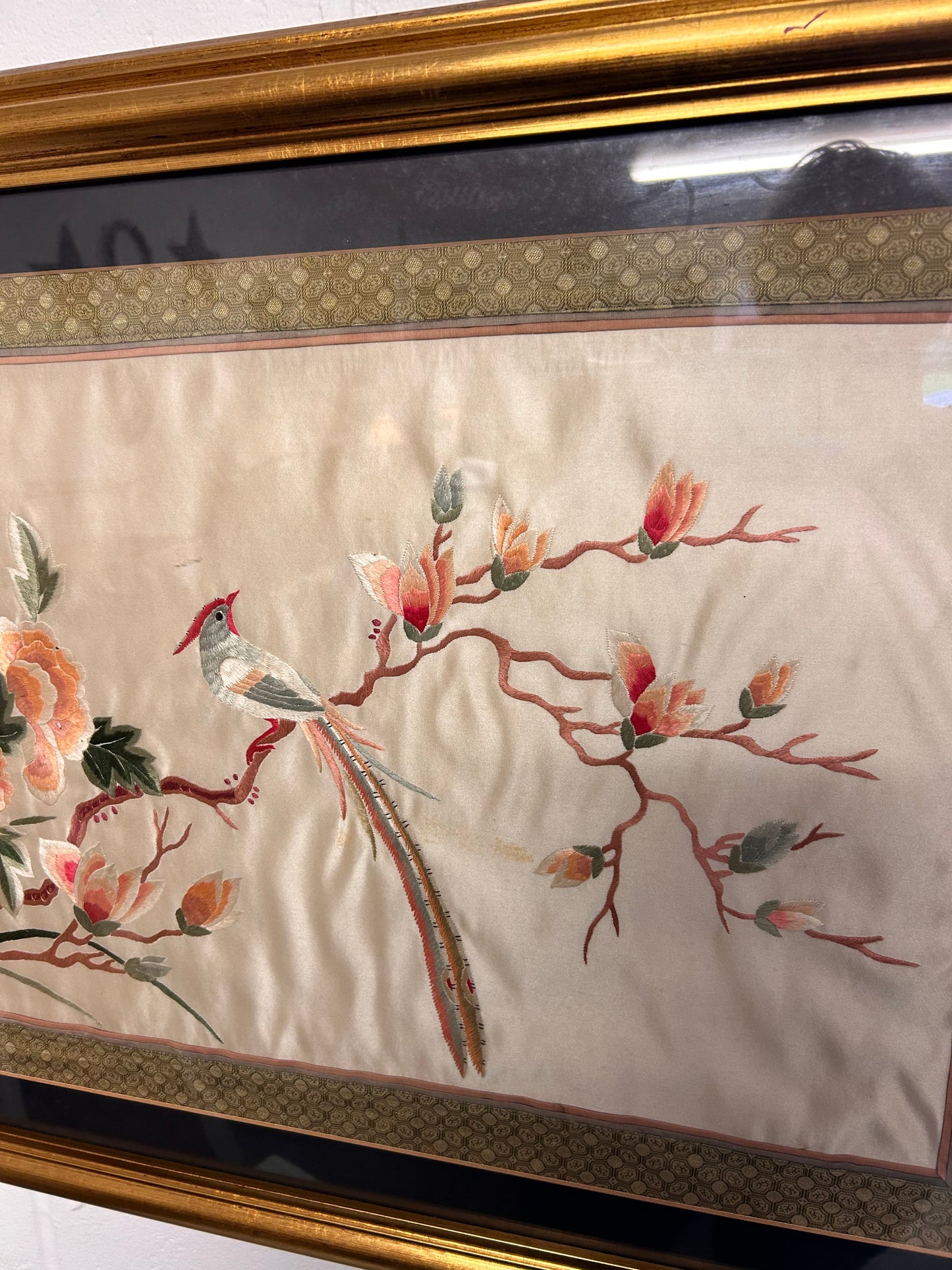 Large Framed mounted Vintage Oriental Silk Embroidery piece