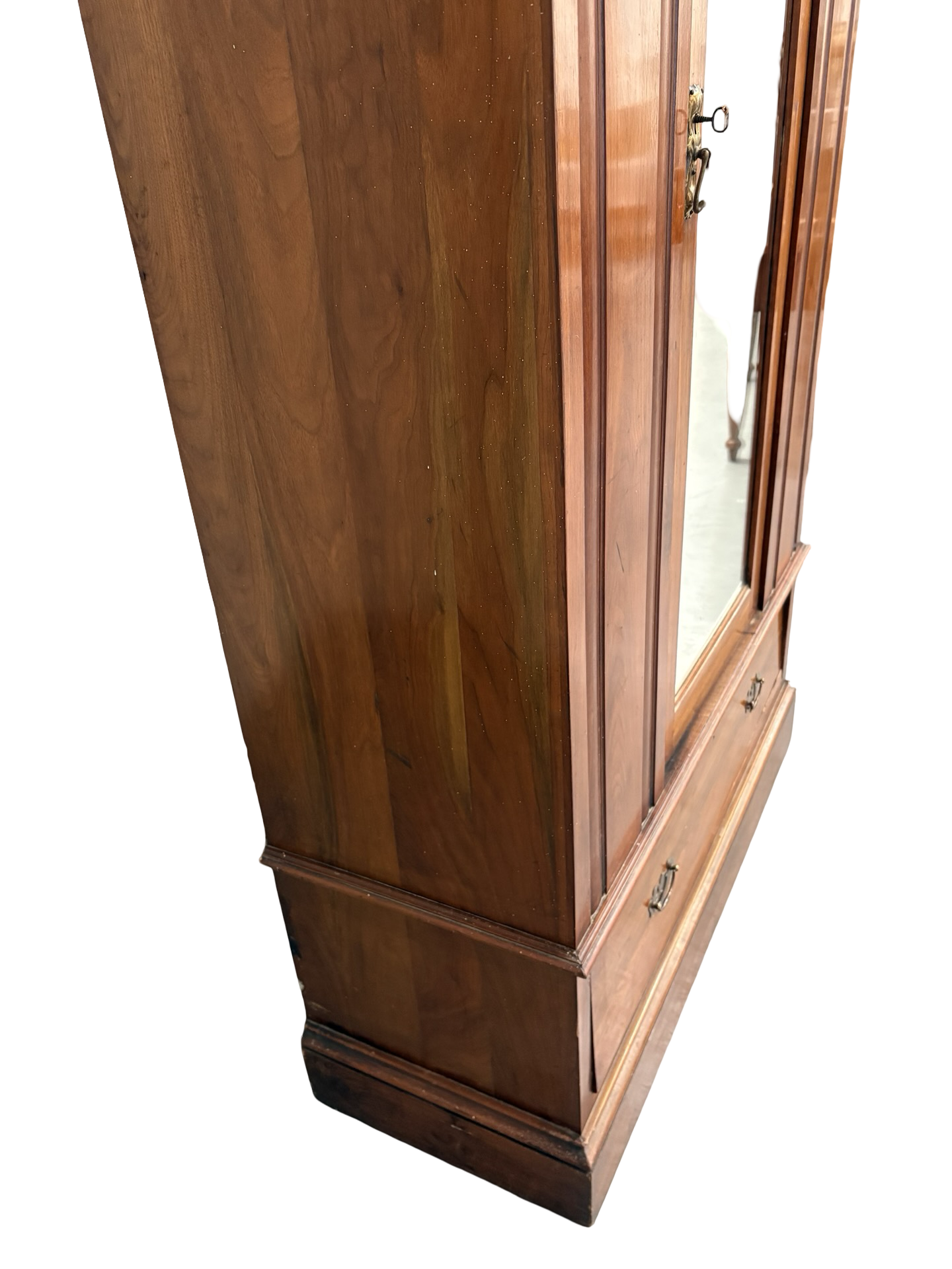 Antique Walnut Art Nouveau Wardrobe with mirror, drawer & key to lock
