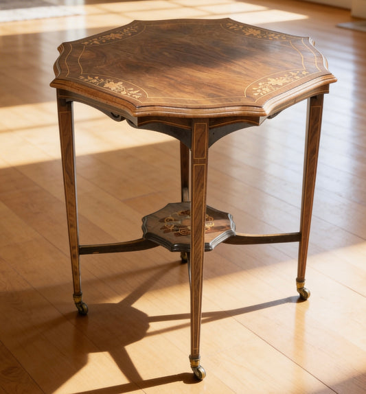 Edwardian inlaid rosewood centre table, octagonal top, square taper legs and undertier