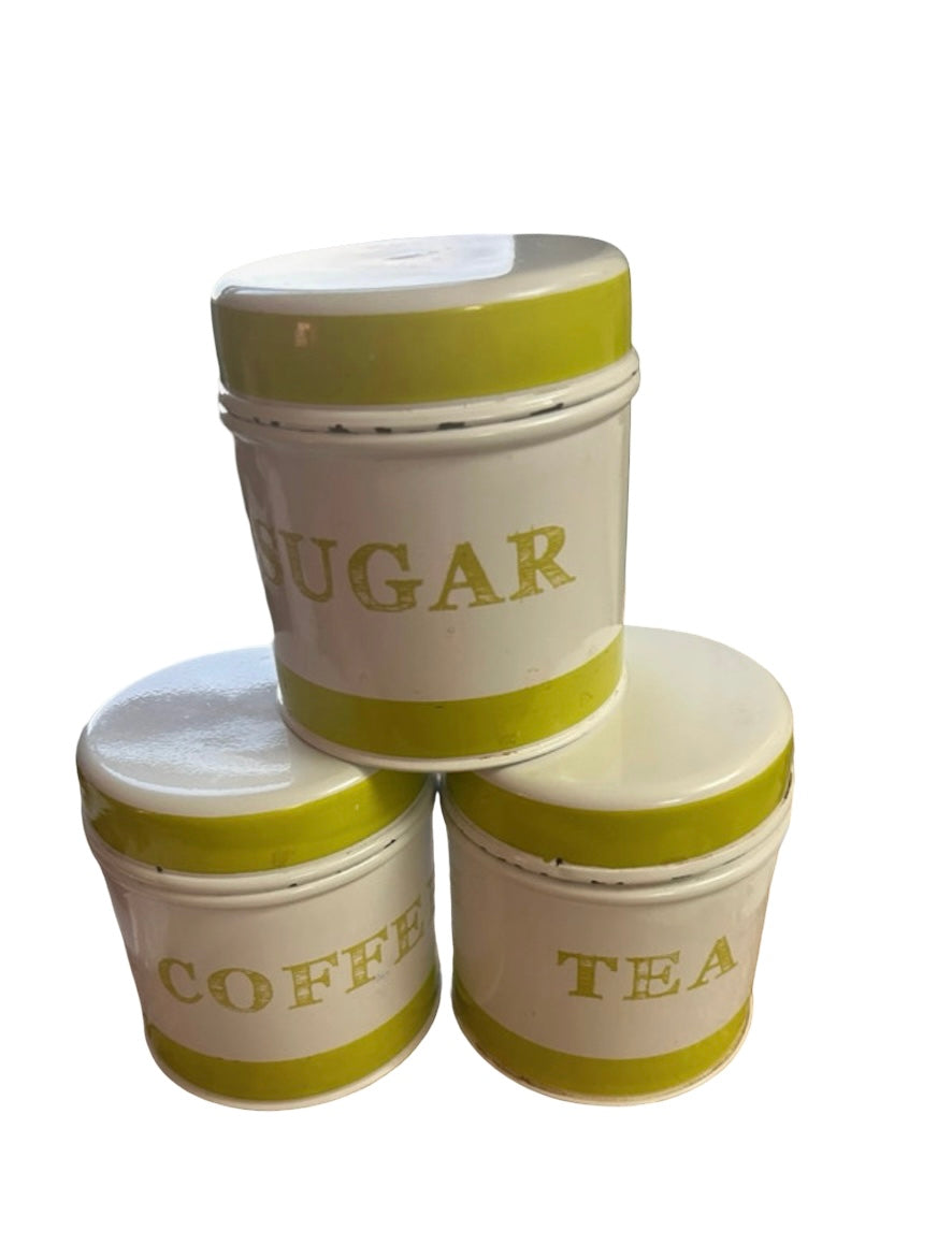 Set up three Vintage metal tins tea, coffee, sugar and pale green and white ￼