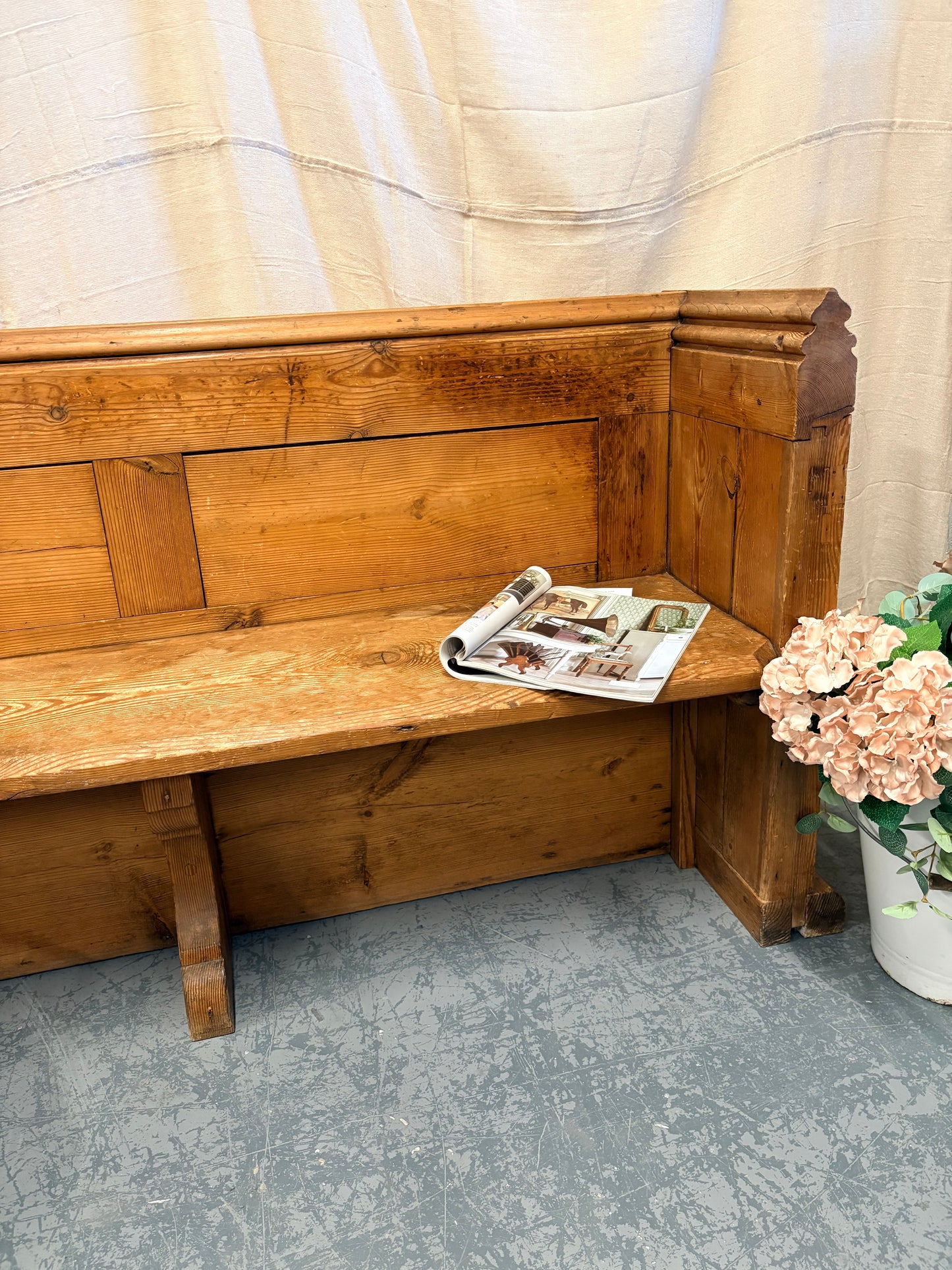 Antique Pitch Pine Bench Pew Panelled sides and Shelf to back