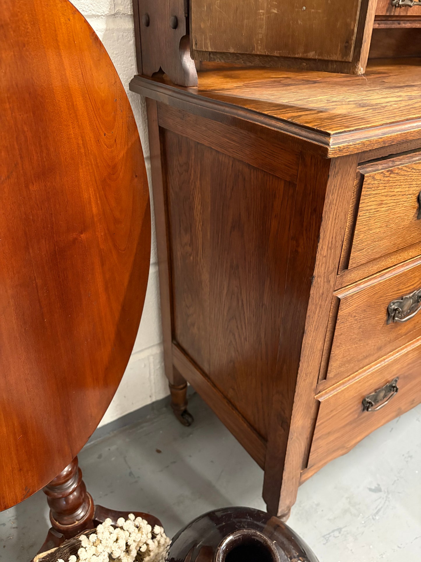 Edwardian Oak Antique Dressing Chest of Drawers with Mirrors