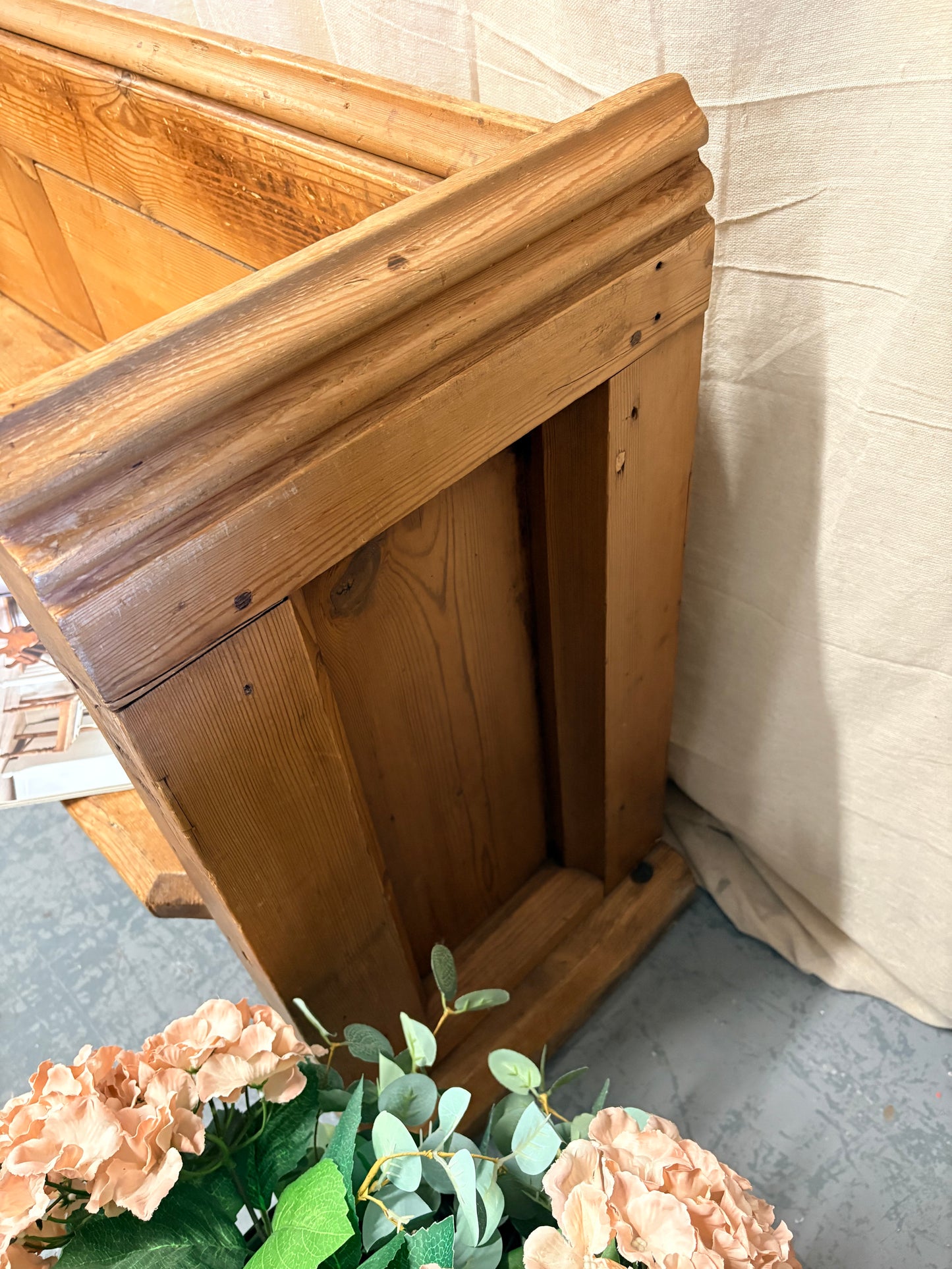 Antique Pitch Pine Bench Pew Panelled sides and Shelf to back