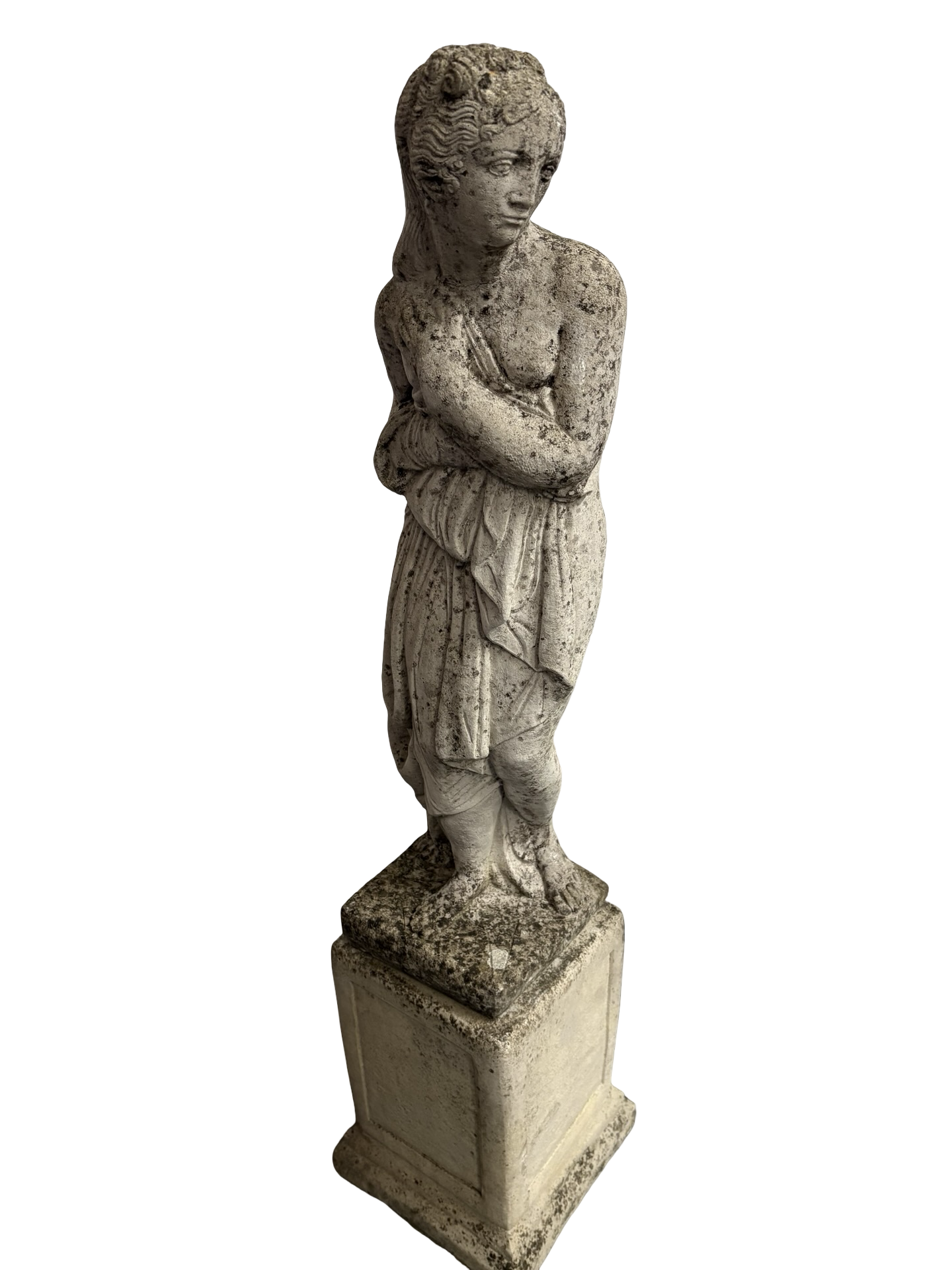 Weathered Antique Stone Shy Maiden Statue on pedestal