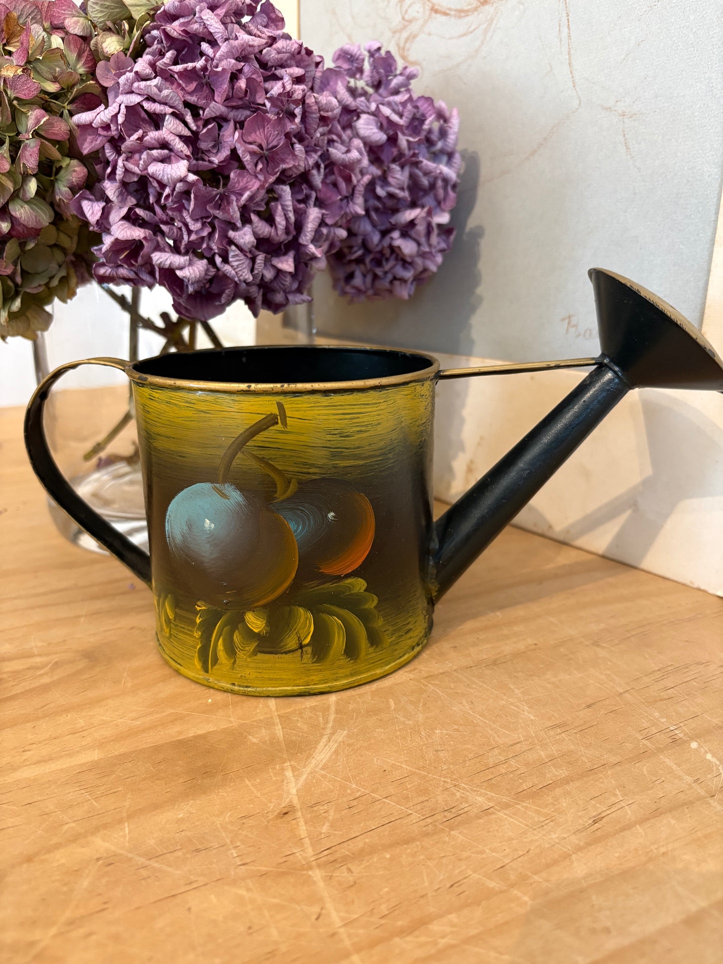 Vintage metal hand painted watering can plant pot
