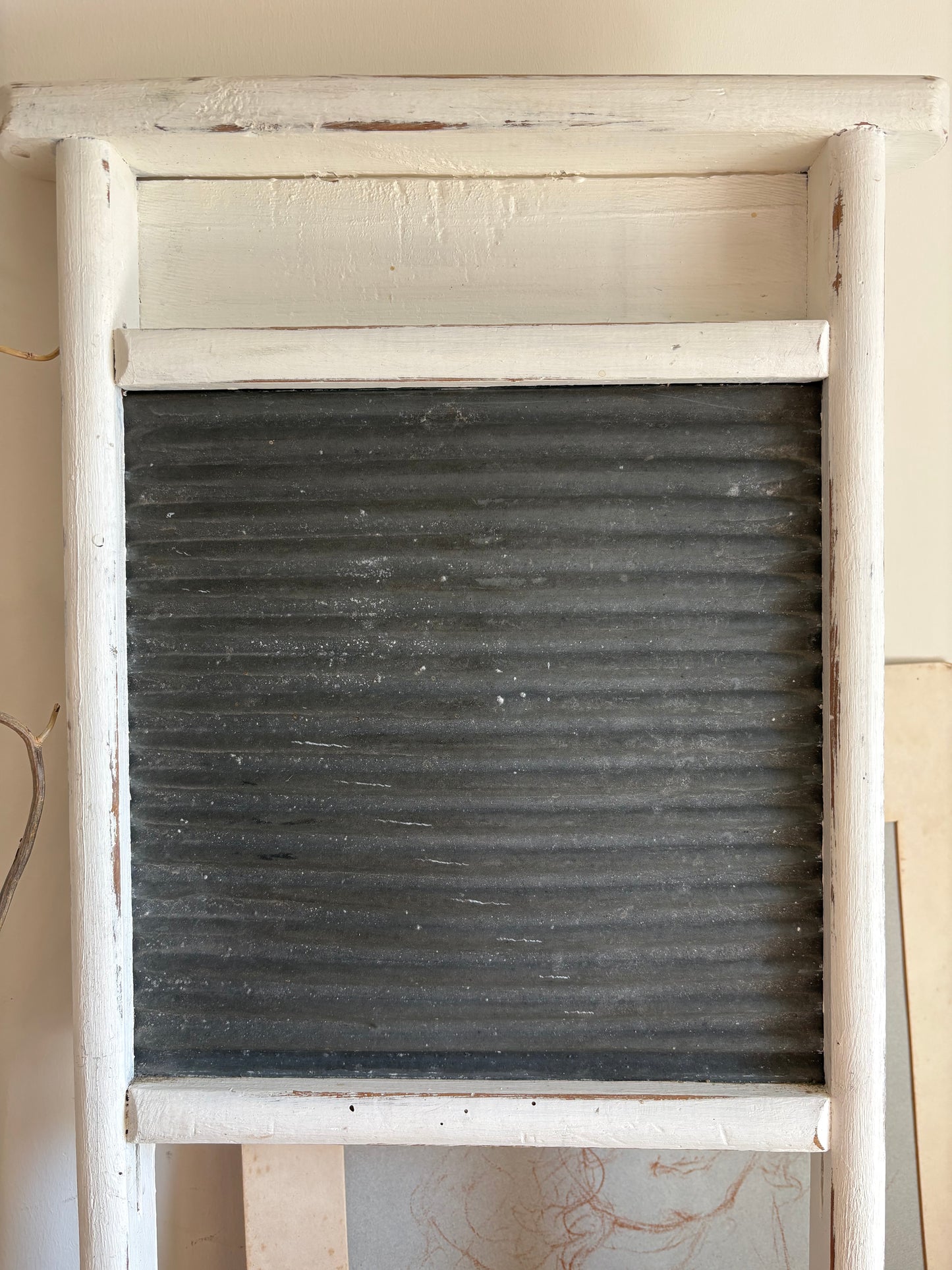 Vintage White Wooden and Metal Washboard