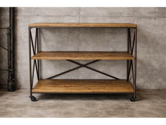 Sleek Stylish Industrial Shelves Storage Display Wood & Metal on Wheels