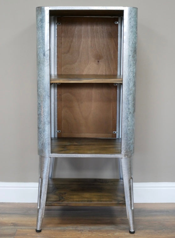 French Tolix Style Industrial Metal storage unit side table with wooden shelves