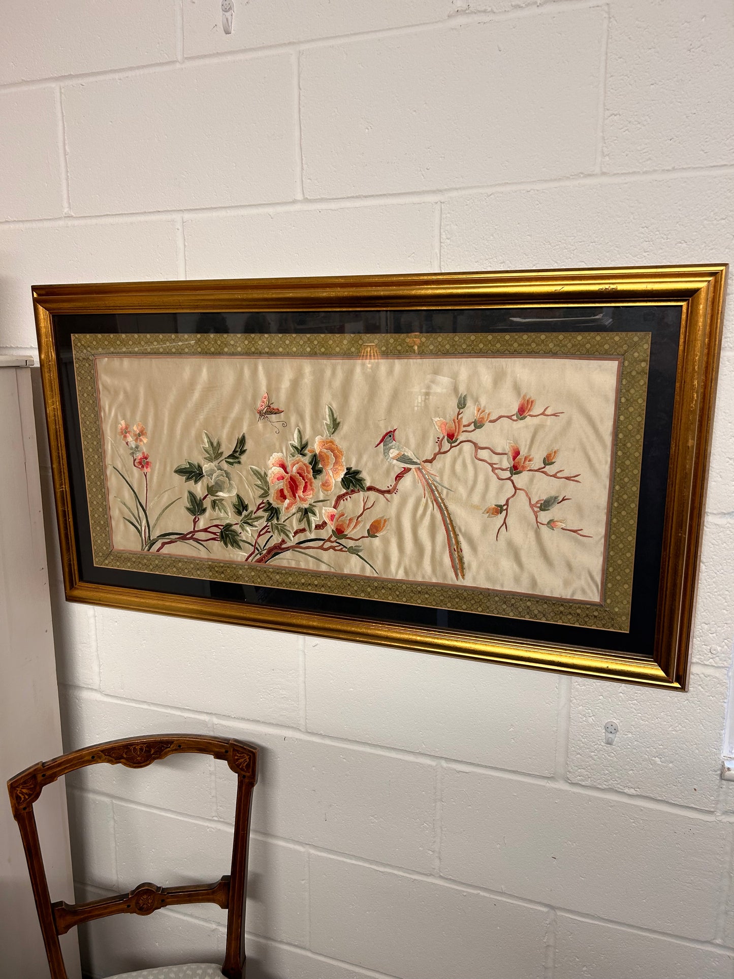 Large Framed mounted Vintage Oriental Silk Embroidery piece