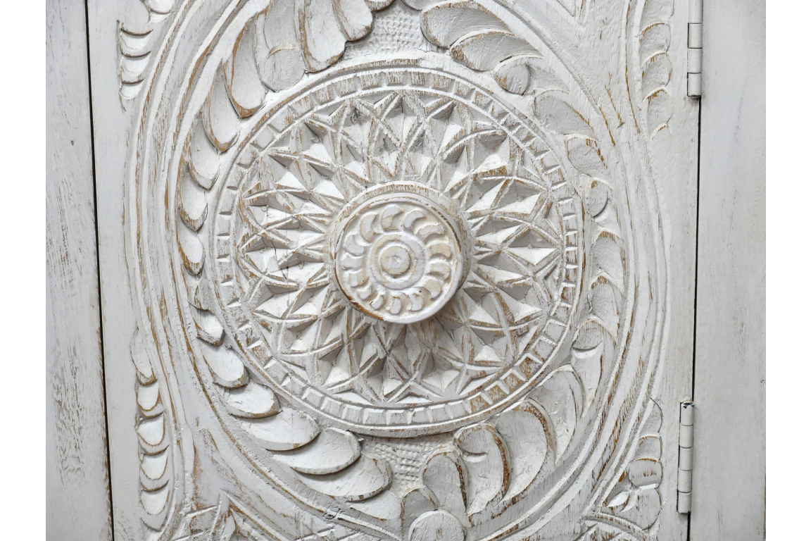 White Bohemian Carved Wooden Bedside Table cupboard storage