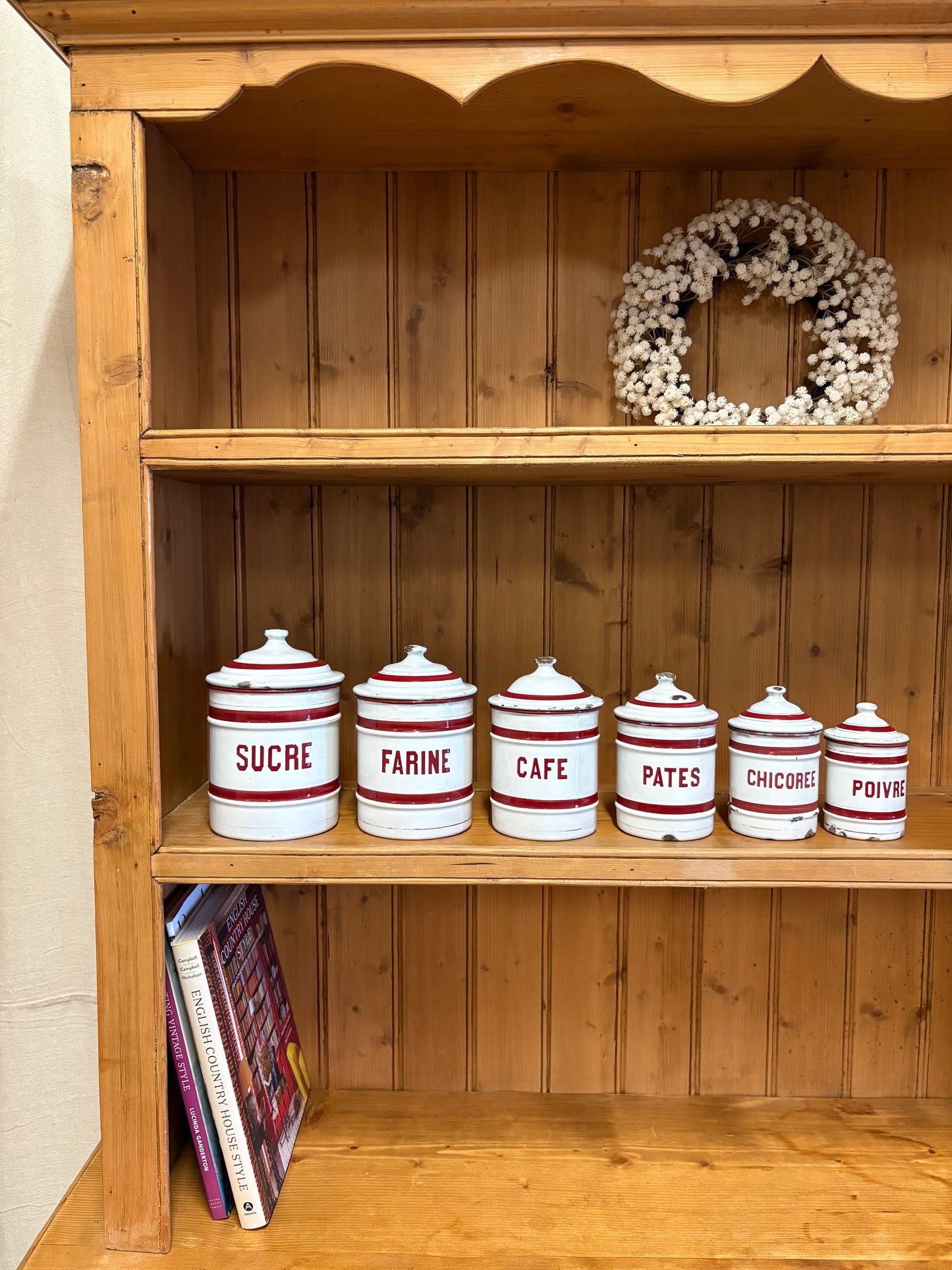 Set of six French Vintage storage canisters, red and white enamel ￼
