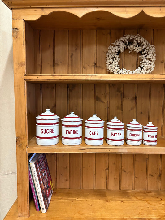 Set of six French Vintage storage canisters, red and white enamel ￼