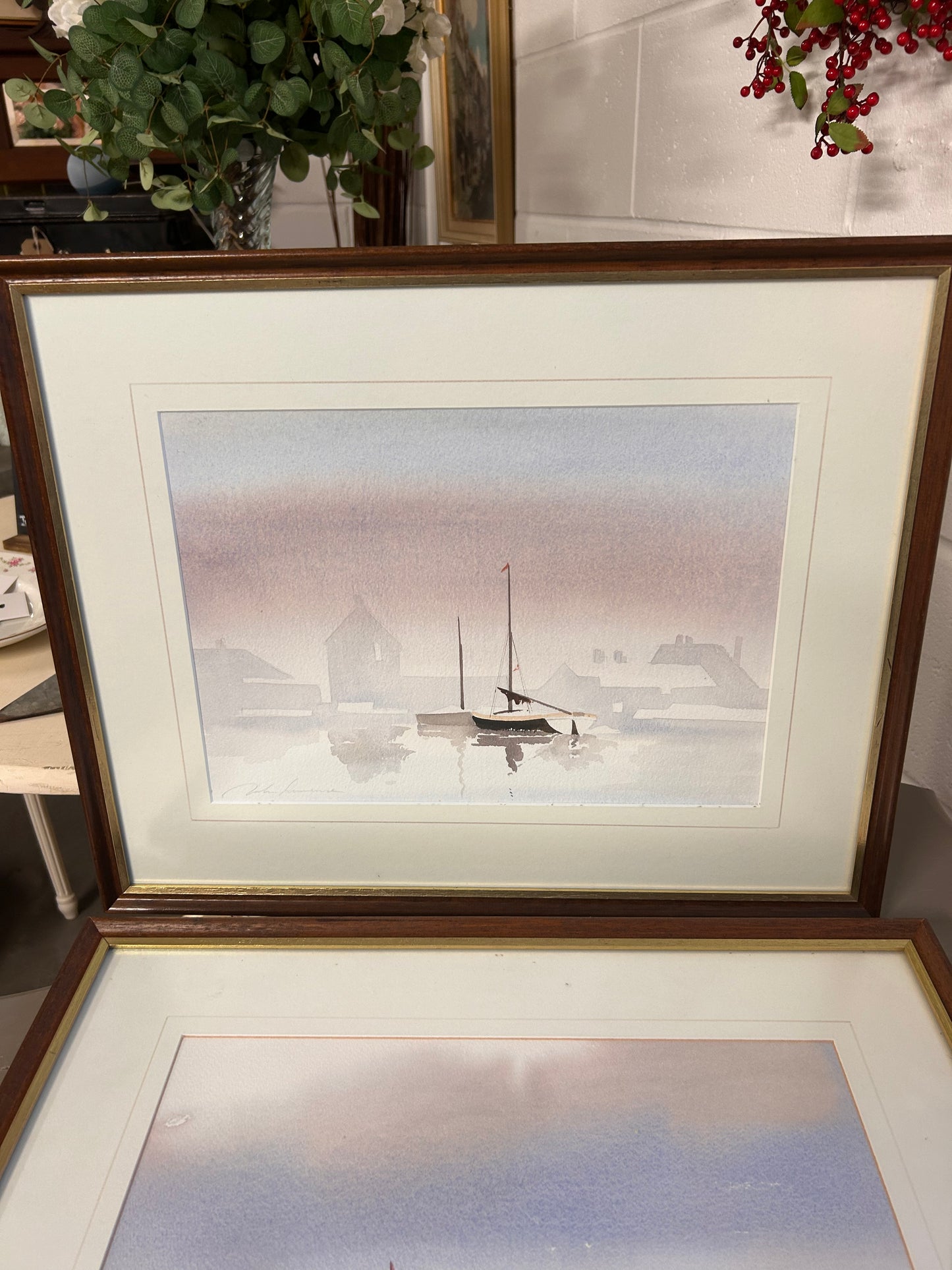 A pair of vintage coastal watercolours signed framed glazed