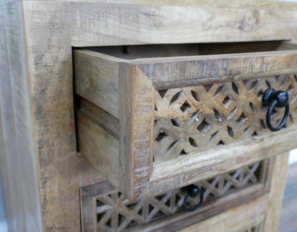 3 drawer Wooden bedside cabinet with carved decorative drawer fronts