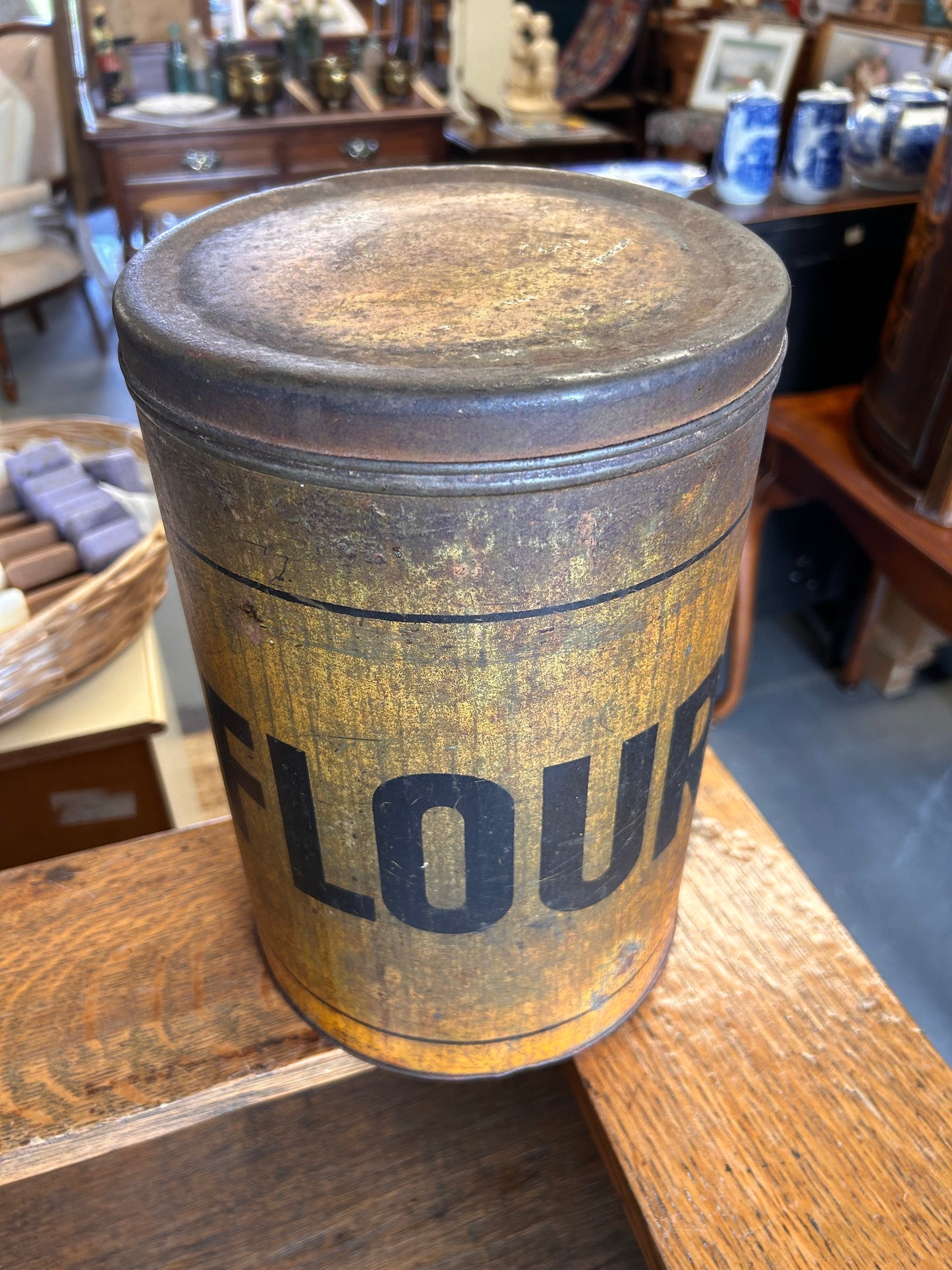 Large antique yellow painted flour storage tin, Country house Kitchenalia