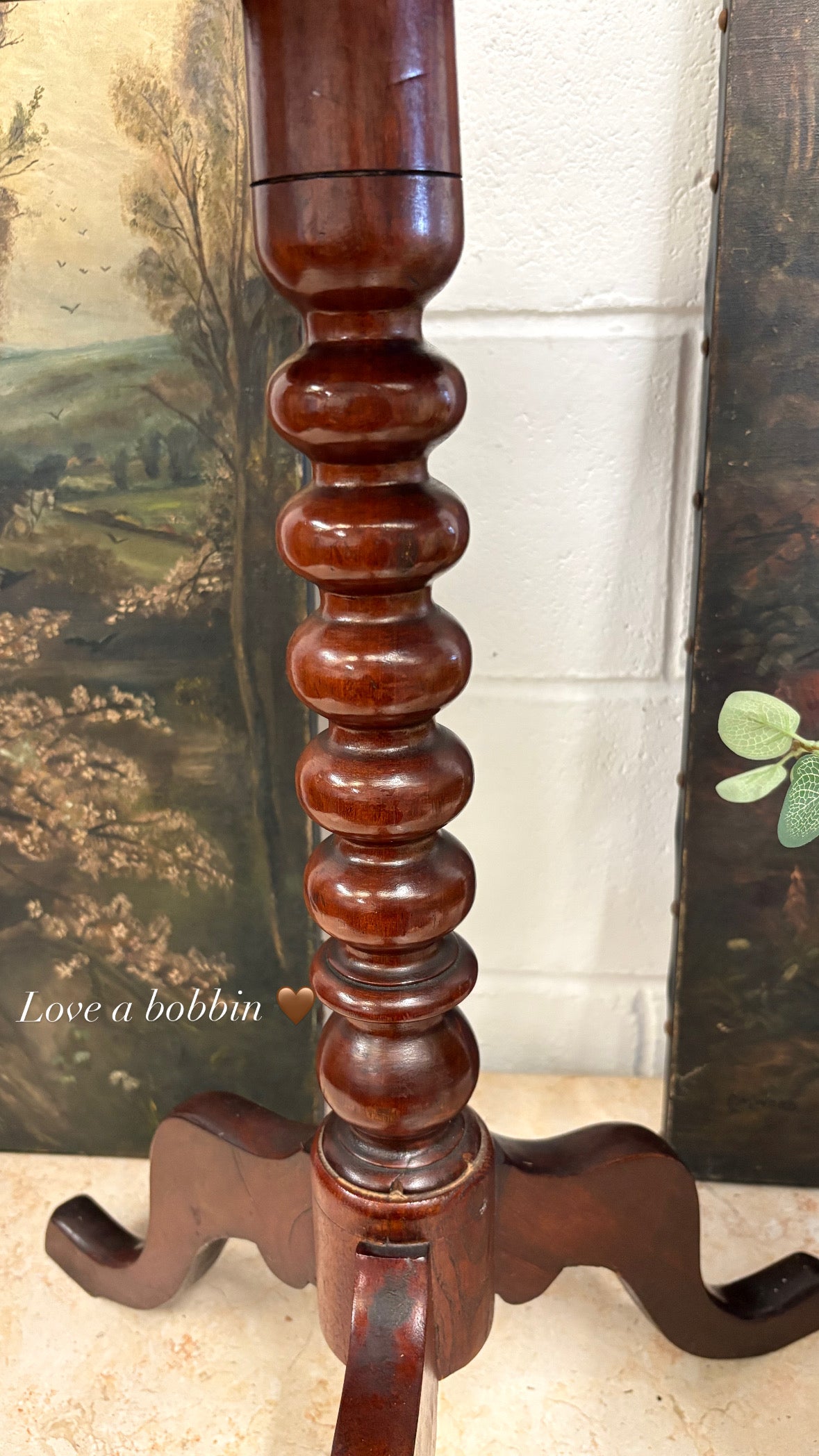 19th century mahogany oval topped occasional table on bobbin support and tripod legs