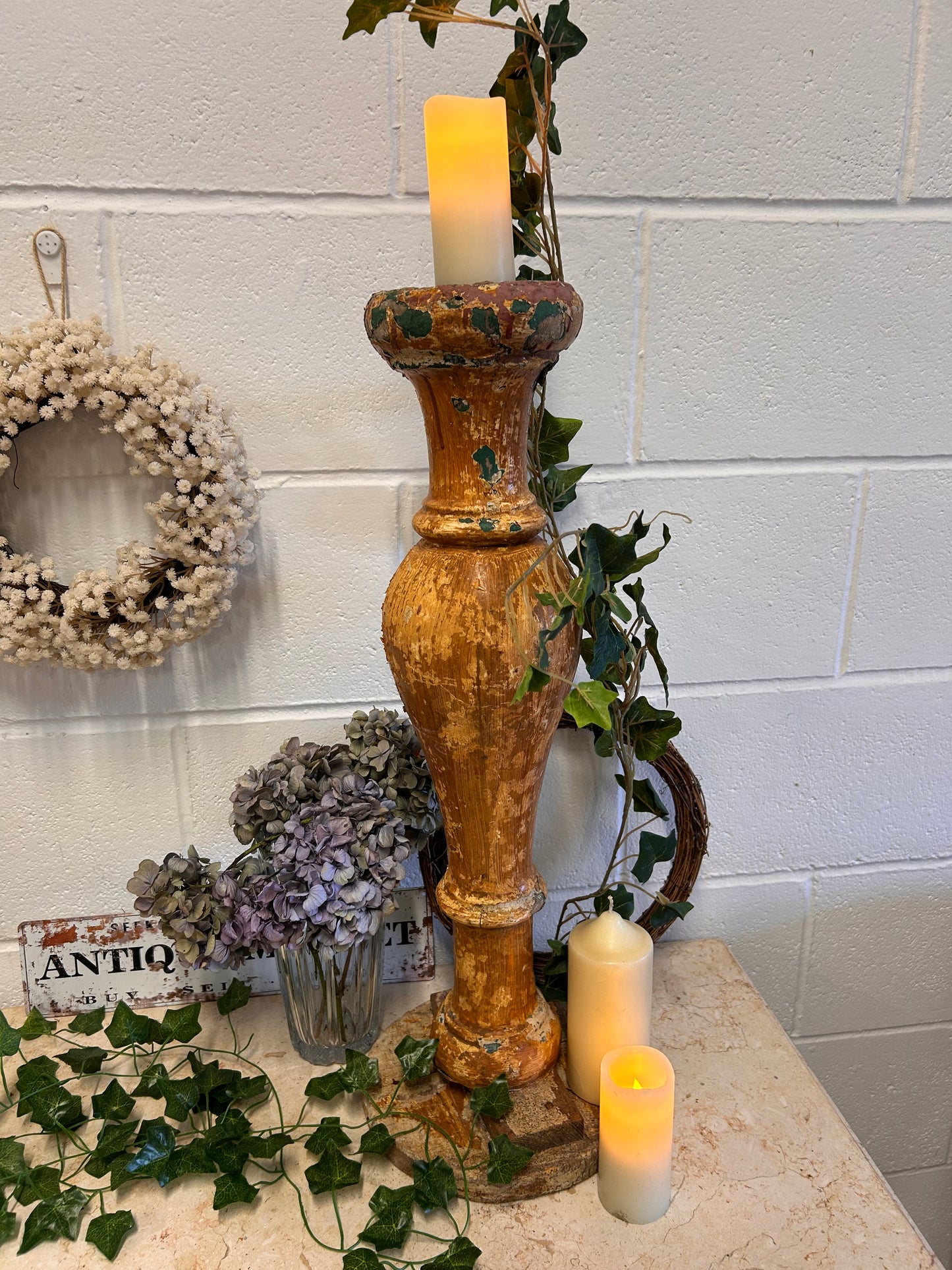 Shabby French 19thC Salvaged balistrail original paint repurposed candle stand