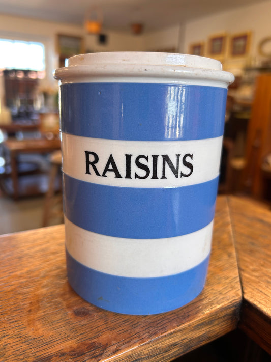 TG Green Raisins canister no lid blue white stripe